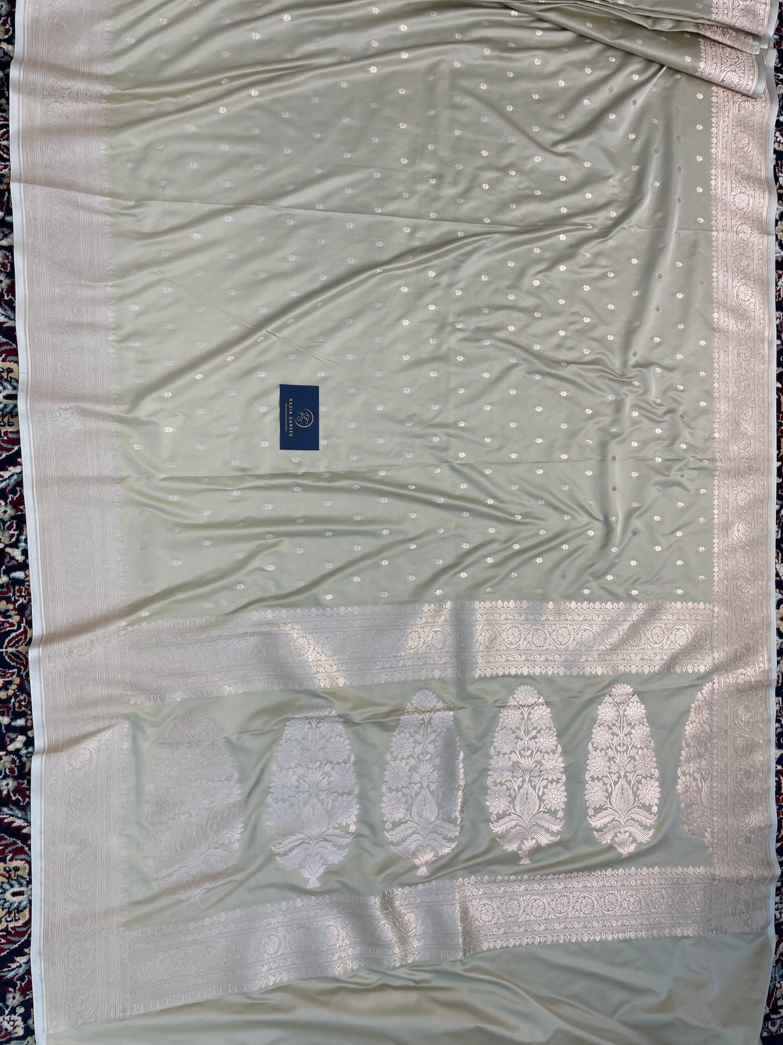 Ivory Tussar Booti Mashru Katan Silk Saree - Image 4