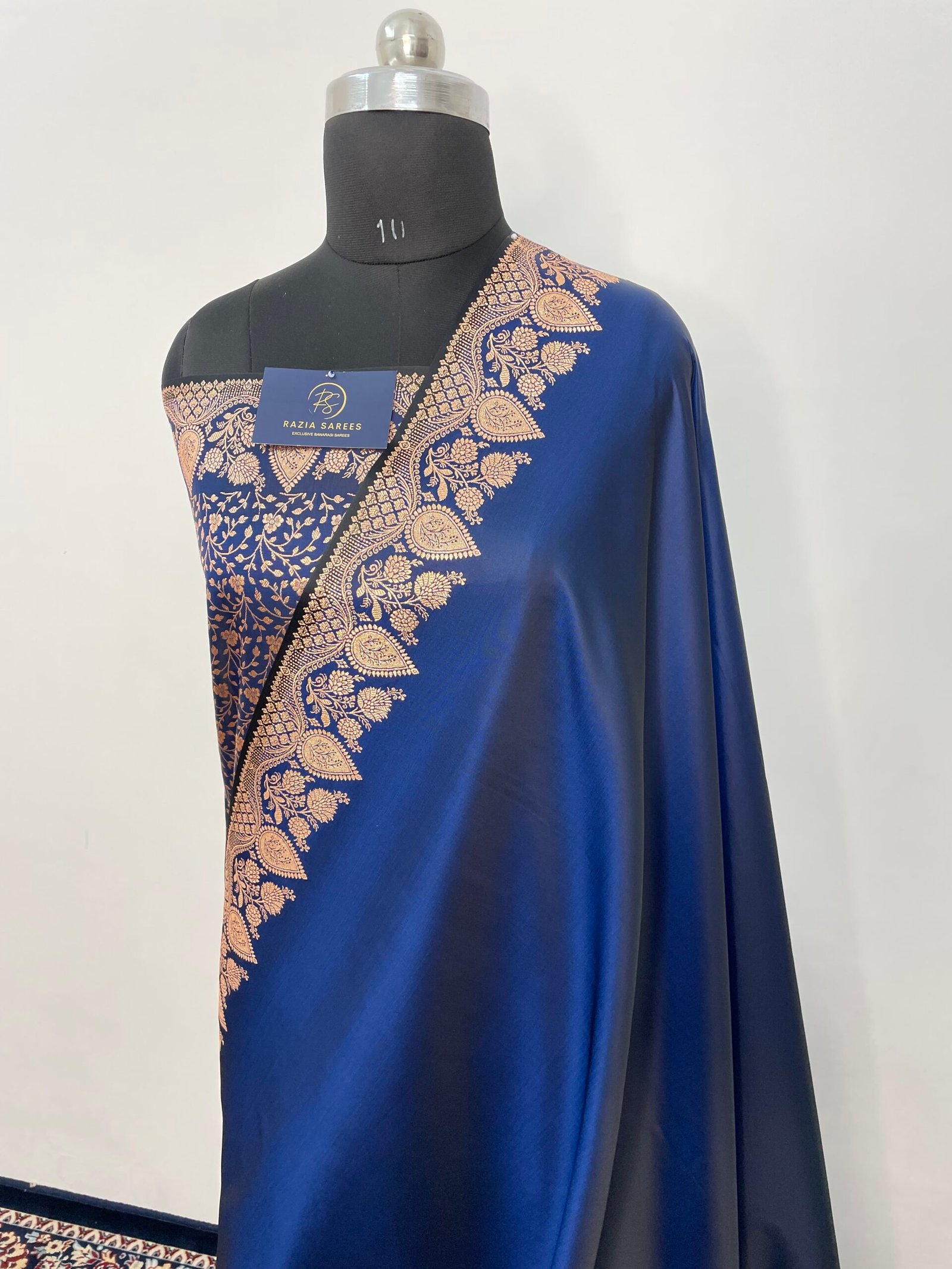 Royal Blue Designer Plain Satin Katan Silk Saree - Image 2