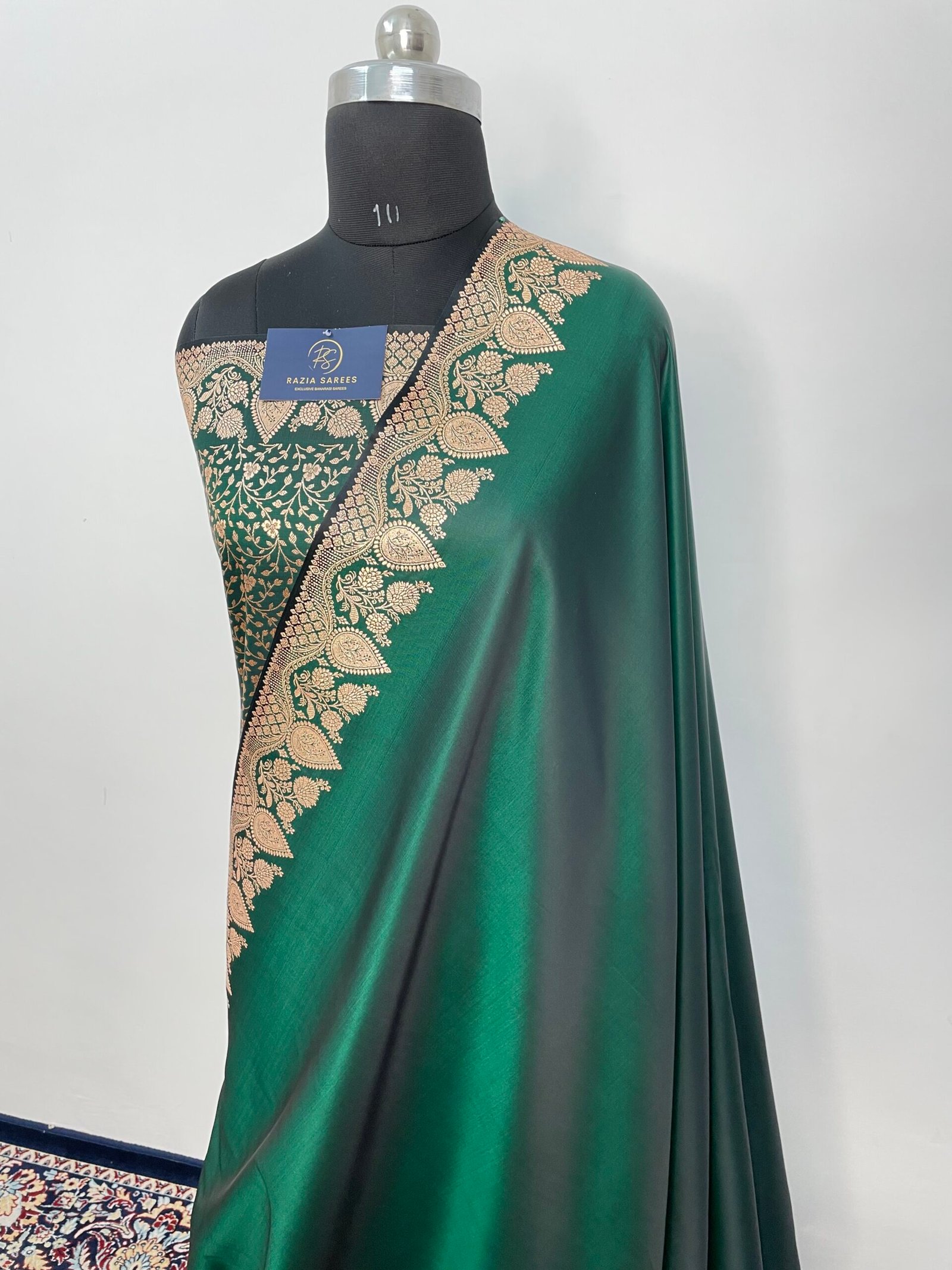 Dark Green Designer Plain Satin Katan Silk Saree - Image 2