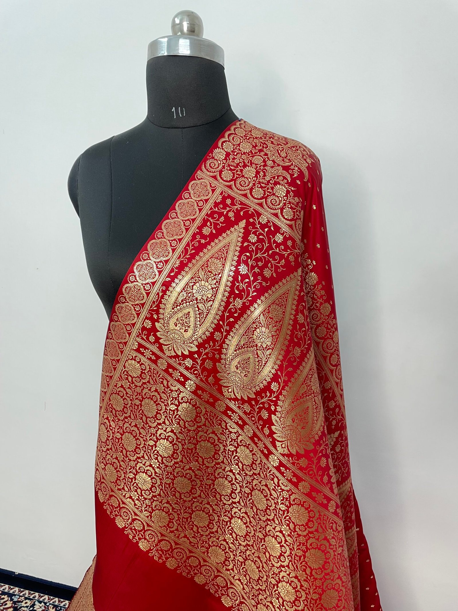 Red designer Booti Satin katan Silk Saree - Image 3