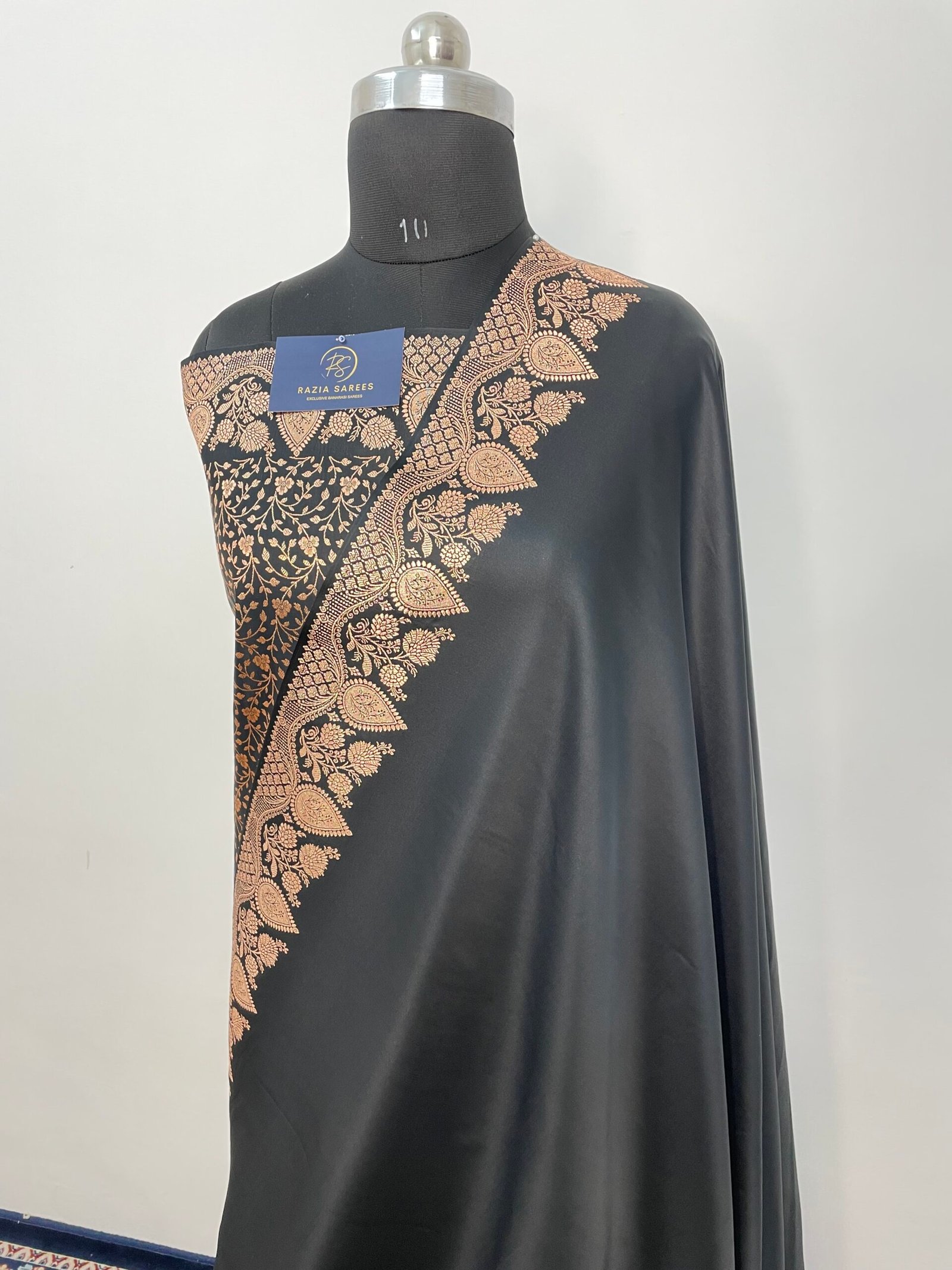 Black Designer Plain Satin Katan Silk Saree - Image 2