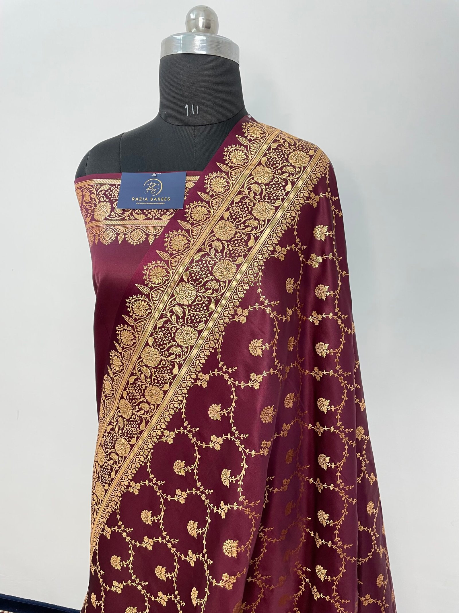 A6. Brown Designer Jaal Satin Katan Silk Saree - Image 2