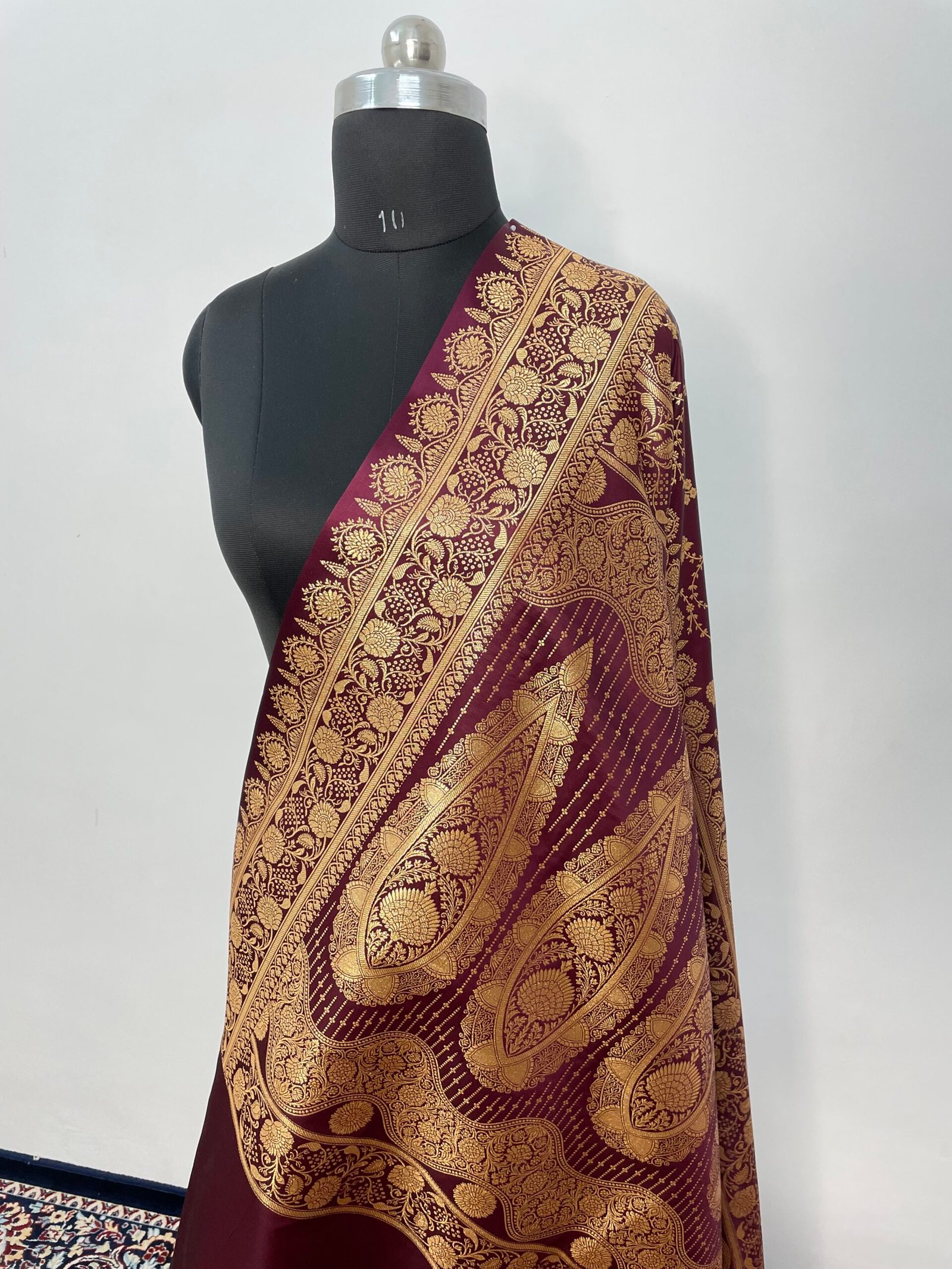 A6. Brown Designer Jaal Satin Katan Silk Saree - Image 3