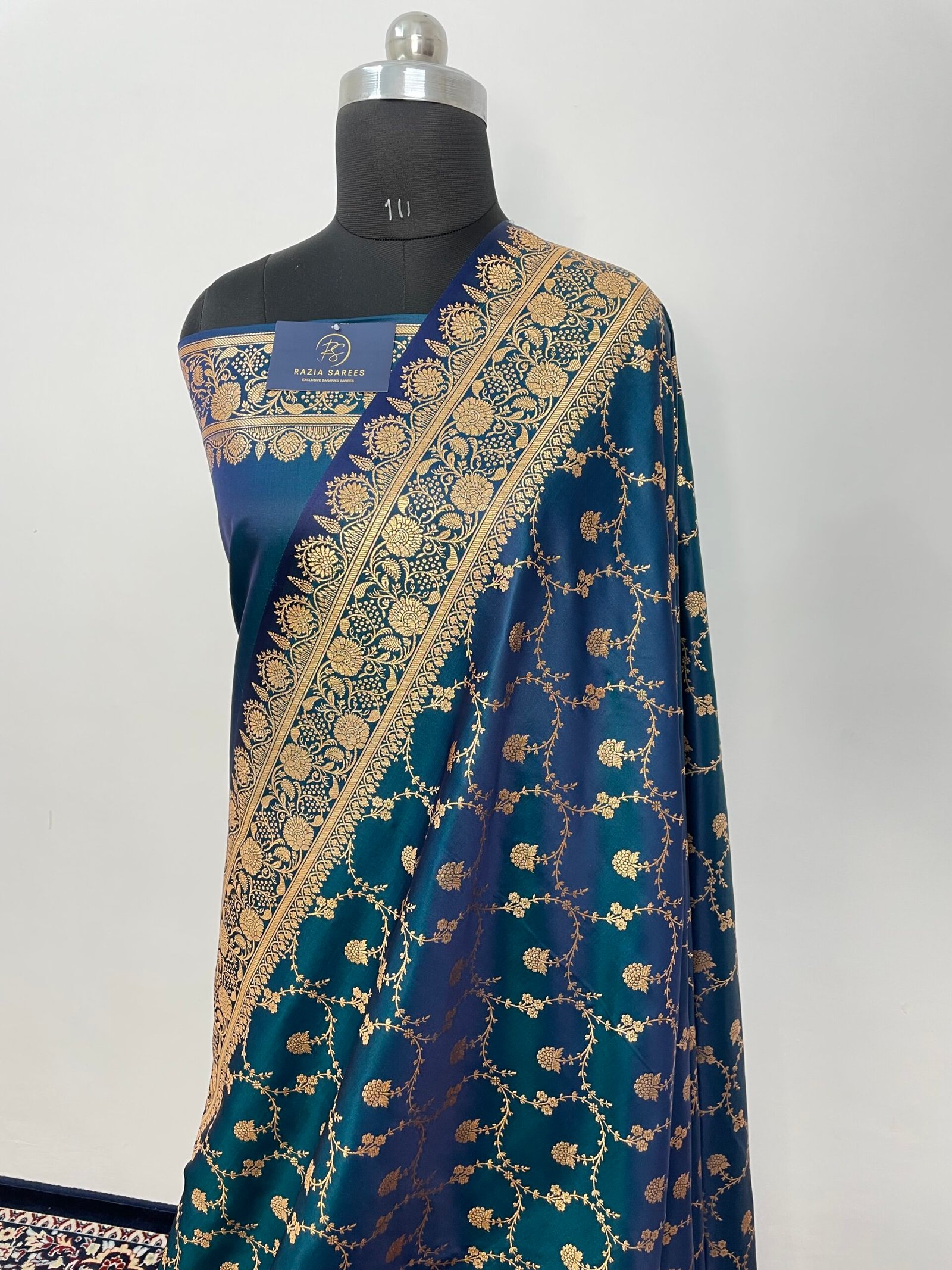 German Blue Designer Jaal Satin Katan Silk Saree - Image 2