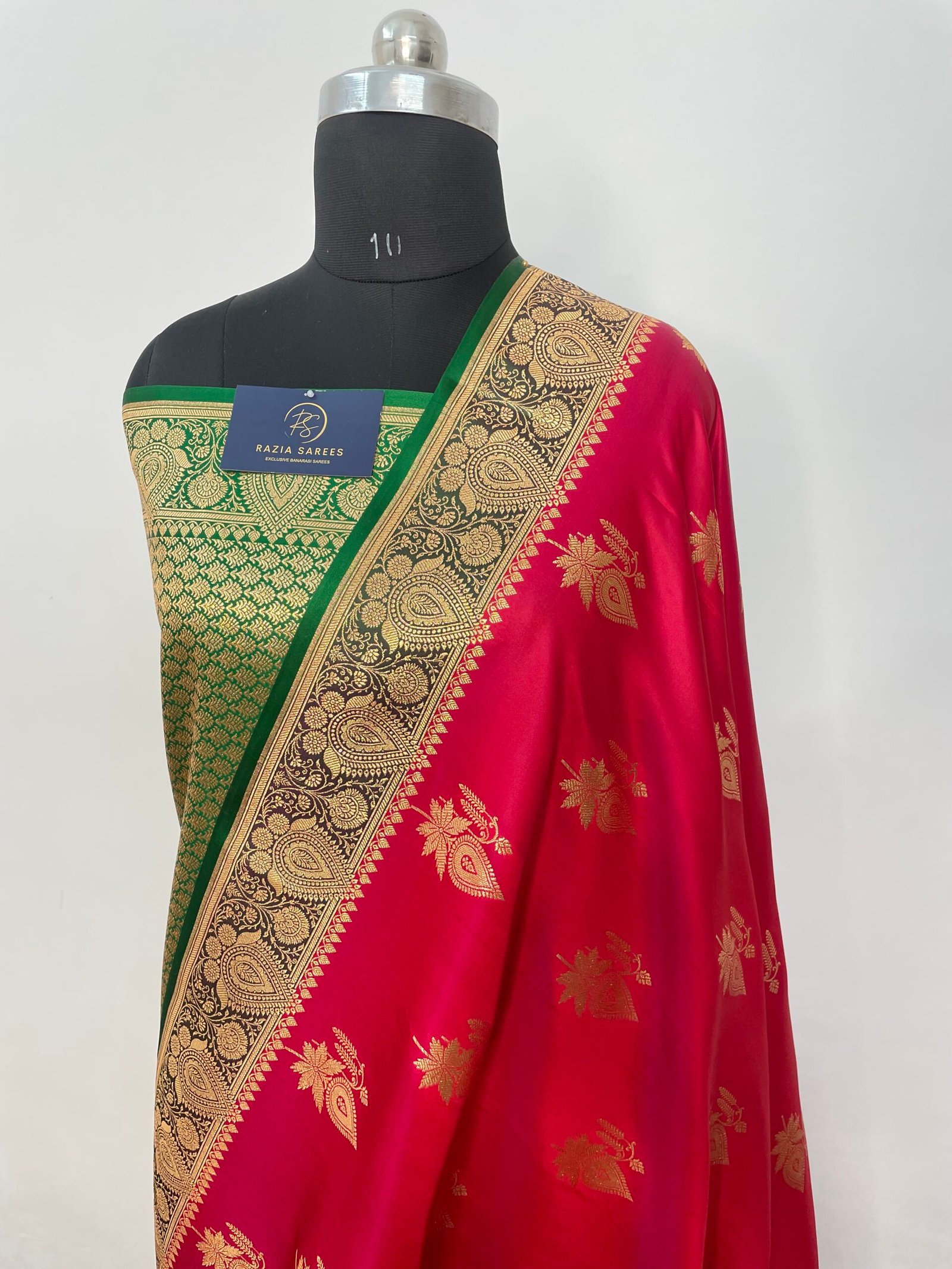 A7. Cherry Red Contrast Boota Satin Katan Silk Saree - Image 2