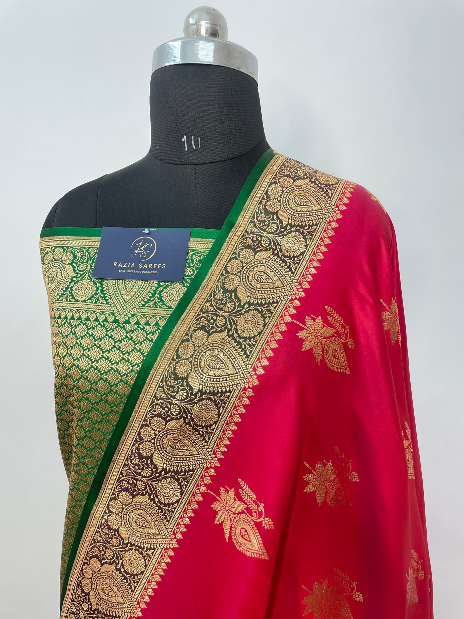 A7. Cherry Red Contrast Boota Satin Katan Silk Saree