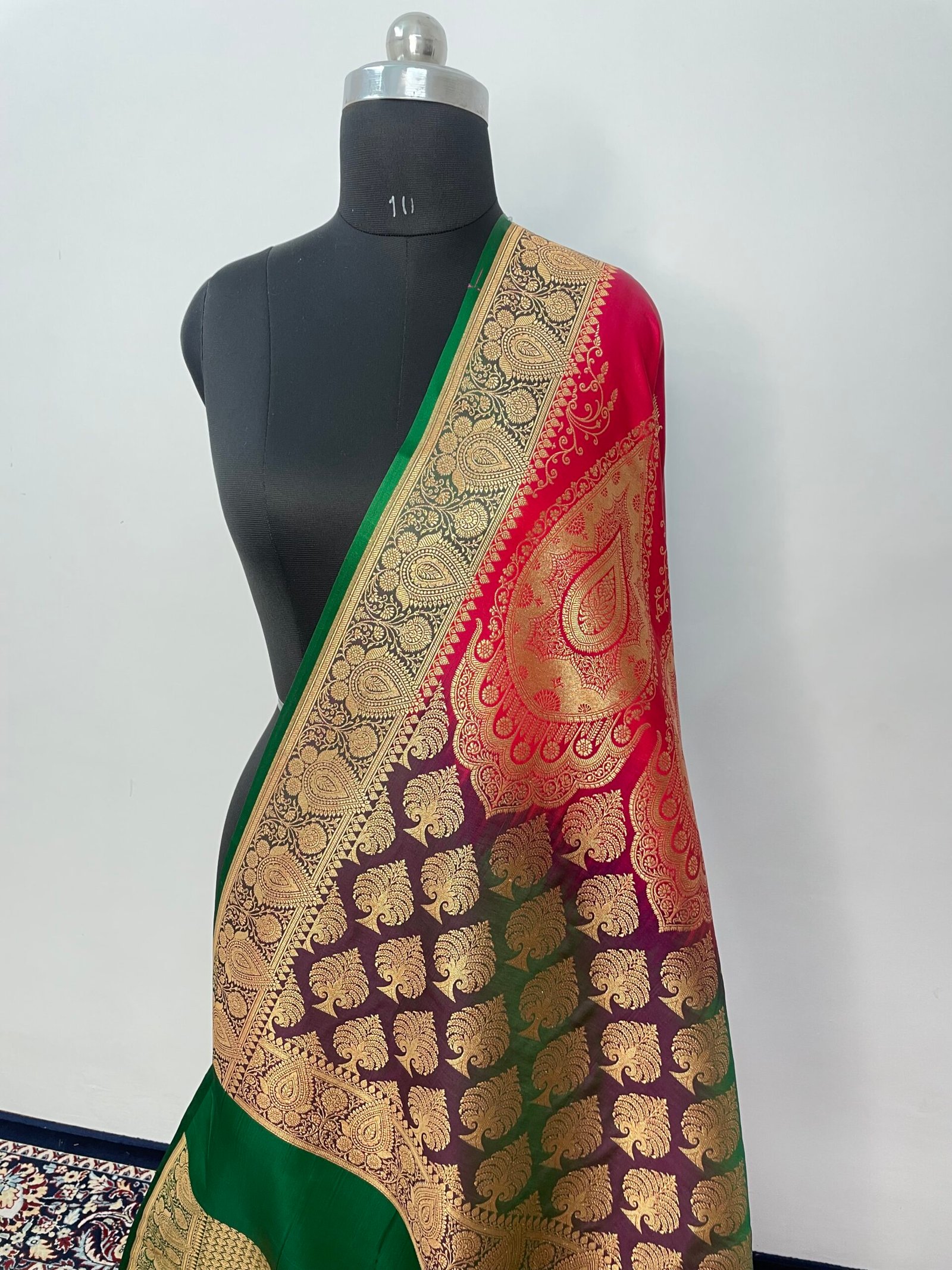A7. Cherry Red Contrast Boota Satin Katan Silk Saree - Image 3