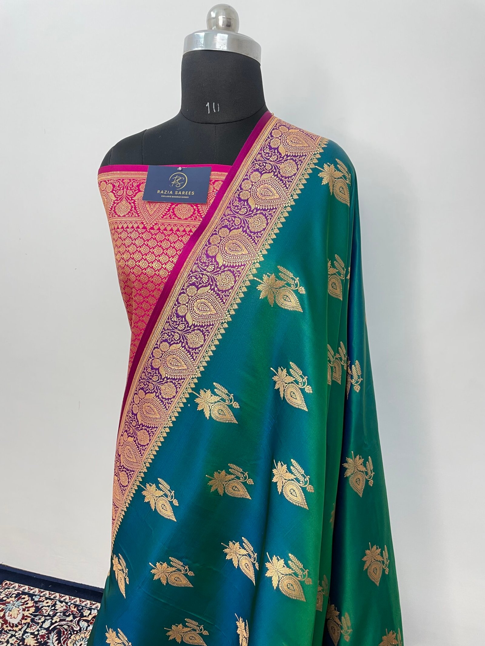 Ivory Green Contrast Boota Satin Katan Silk Saree - Image 2