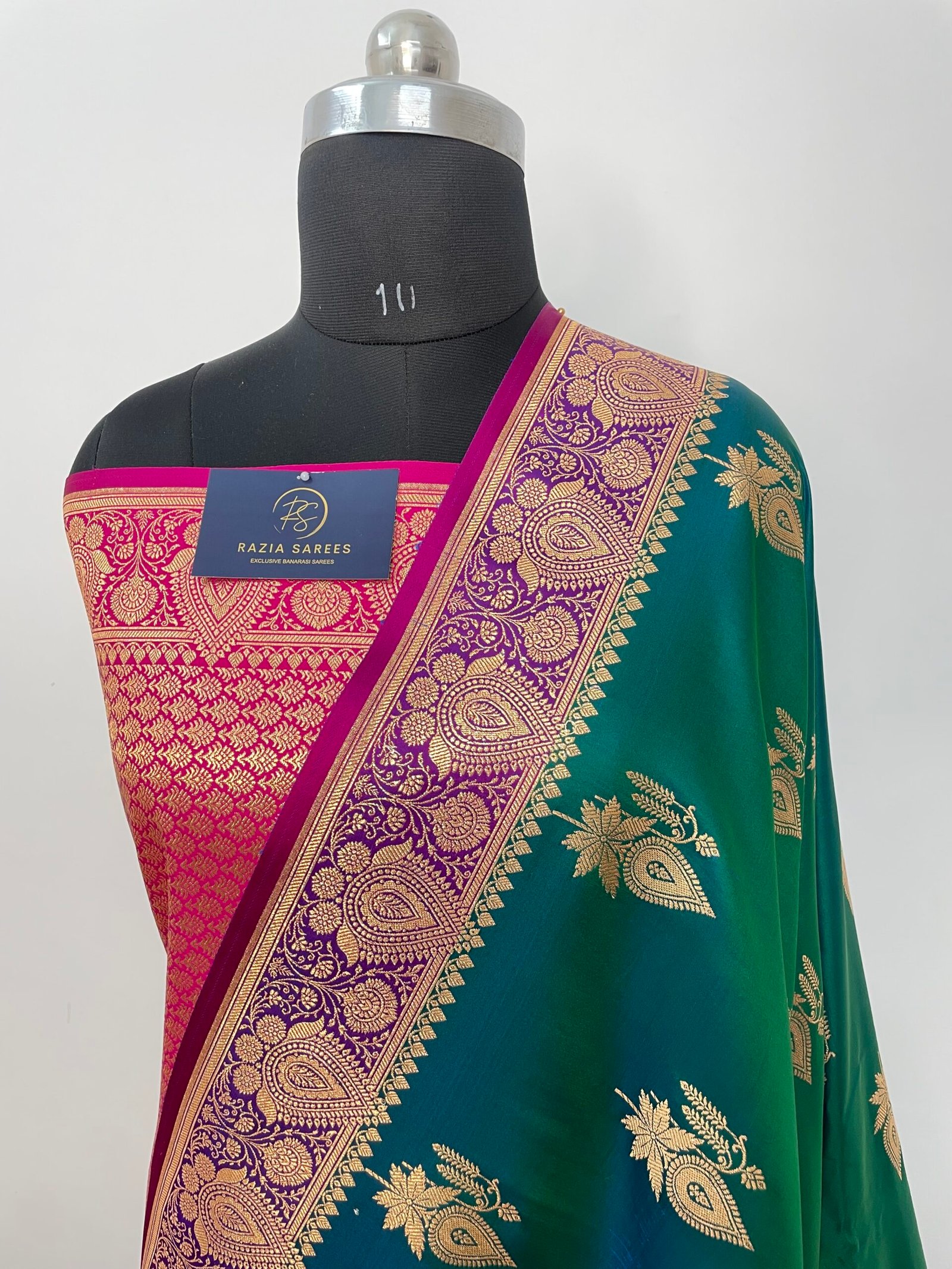 Ivory Green Contrast Boota Satin Katan Silk Saree