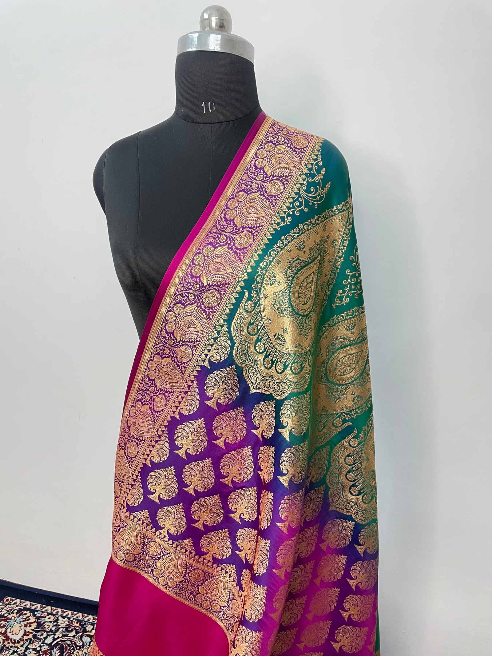 Ivory Green Contrast Boota Satin Katan Silk Saree - Image 3