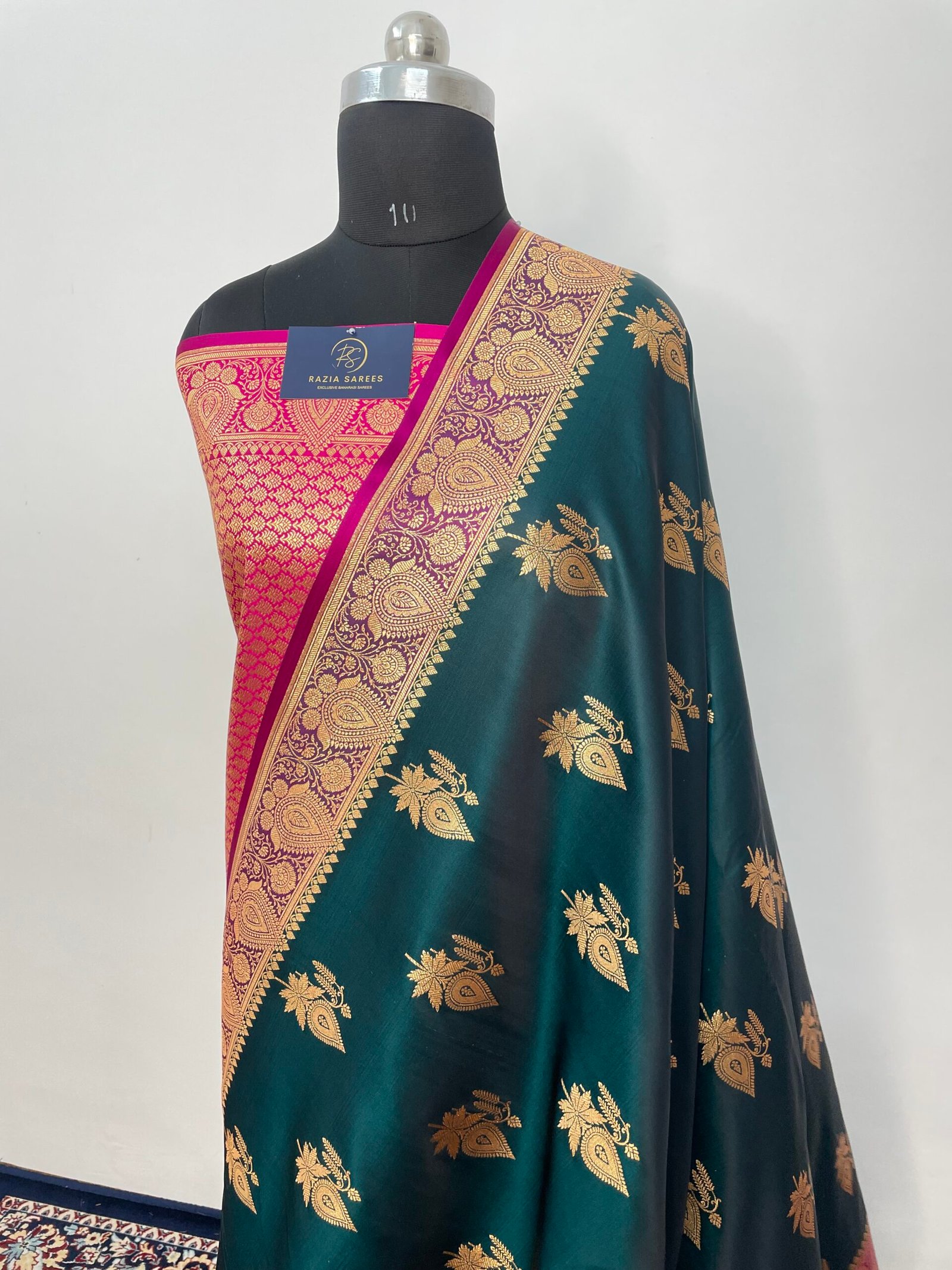 Dark Green Contrast Boota Satin Katan Silk Saree - Image 2