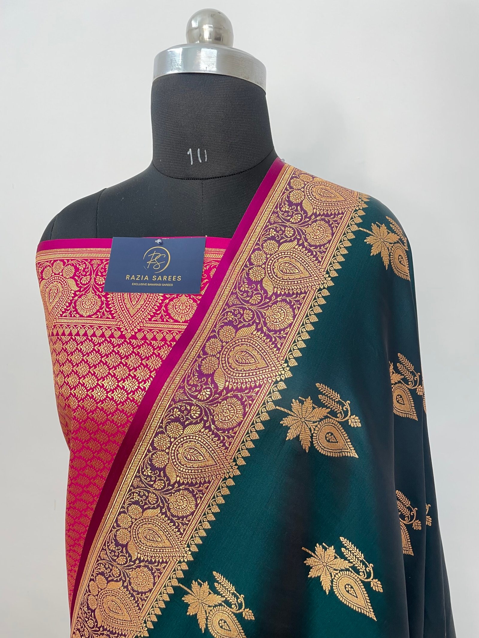 Dark Green Contrast Boota Satin Katan Silk Saree