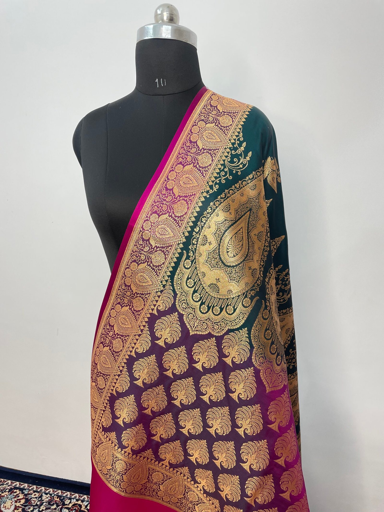Dark Green Contrast Boota Satin Katan Silk Saree - Image 3