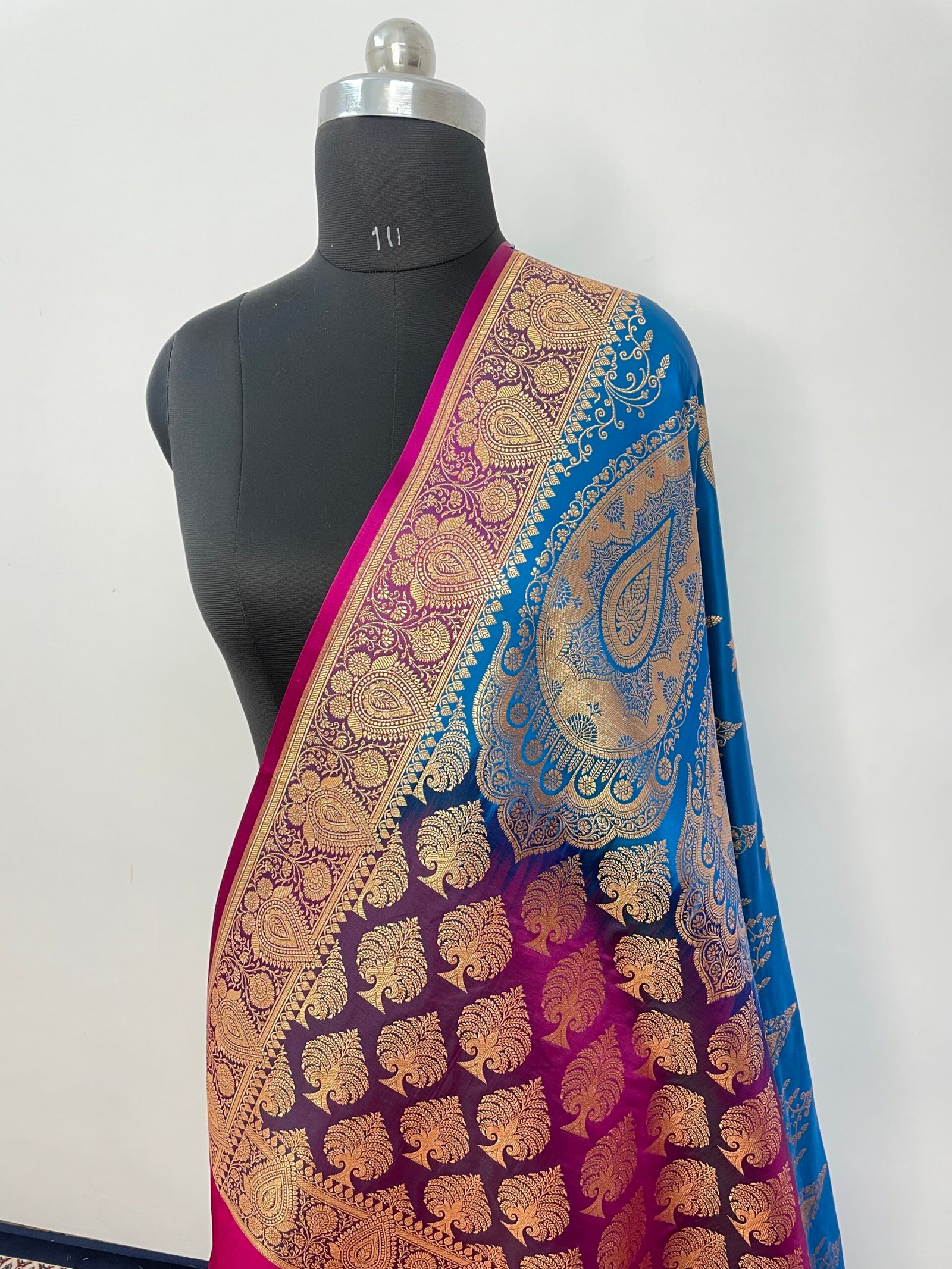 Firozi Peacock Contrast Boota Satin Katan Silk Saree - Image 3