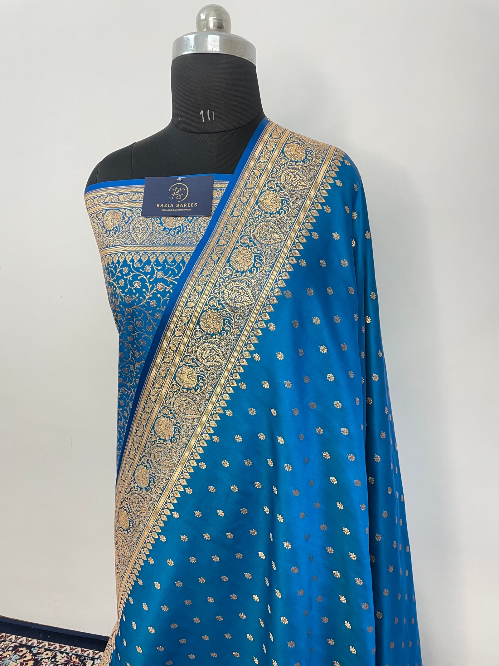 Firozi Peacock Booti Satin Katan Silk Saree - Image 2