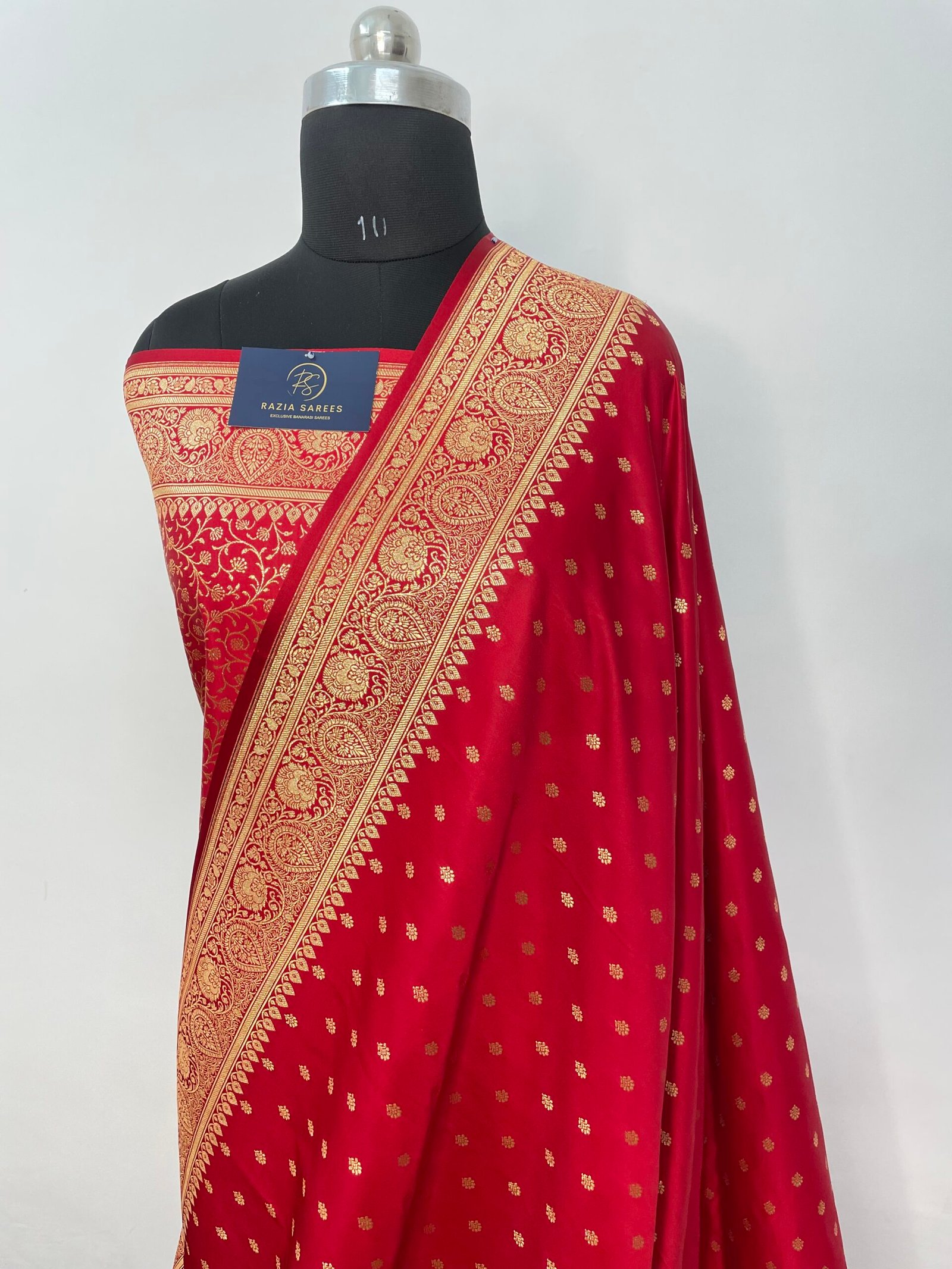 Red Booti Satin Katan Silk Saree - Image 2