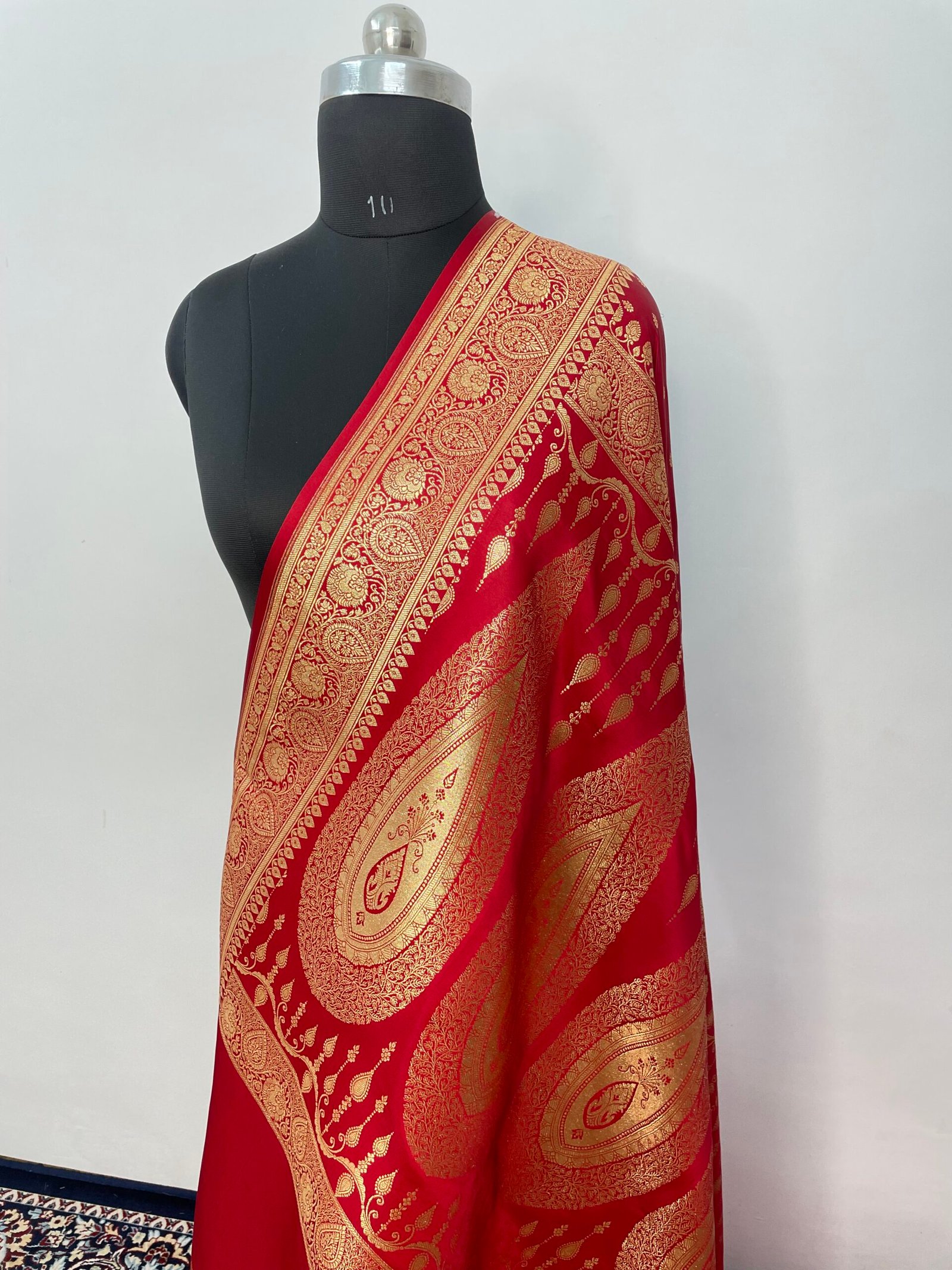 Red Booti Satin Katan Silk Saree - Image 3