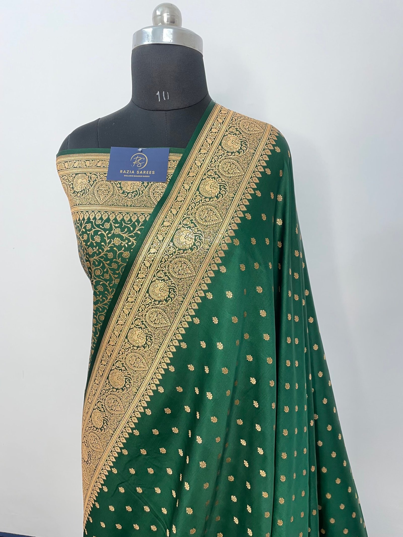 Dark Green Booti Satin Katan Silk Saree - Image 2