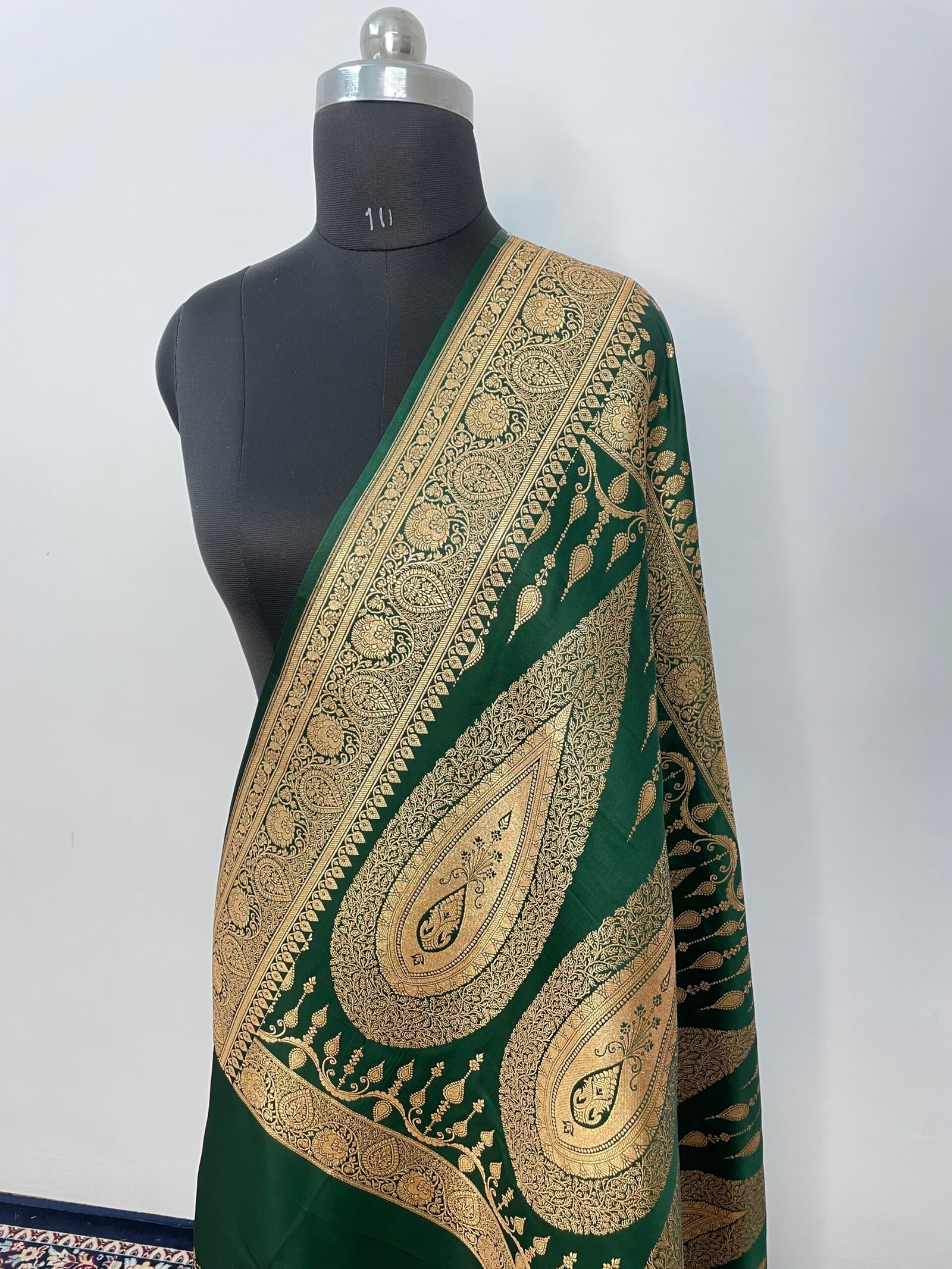 Dark Green Booti Satin Katan Silk Saree - Image 3