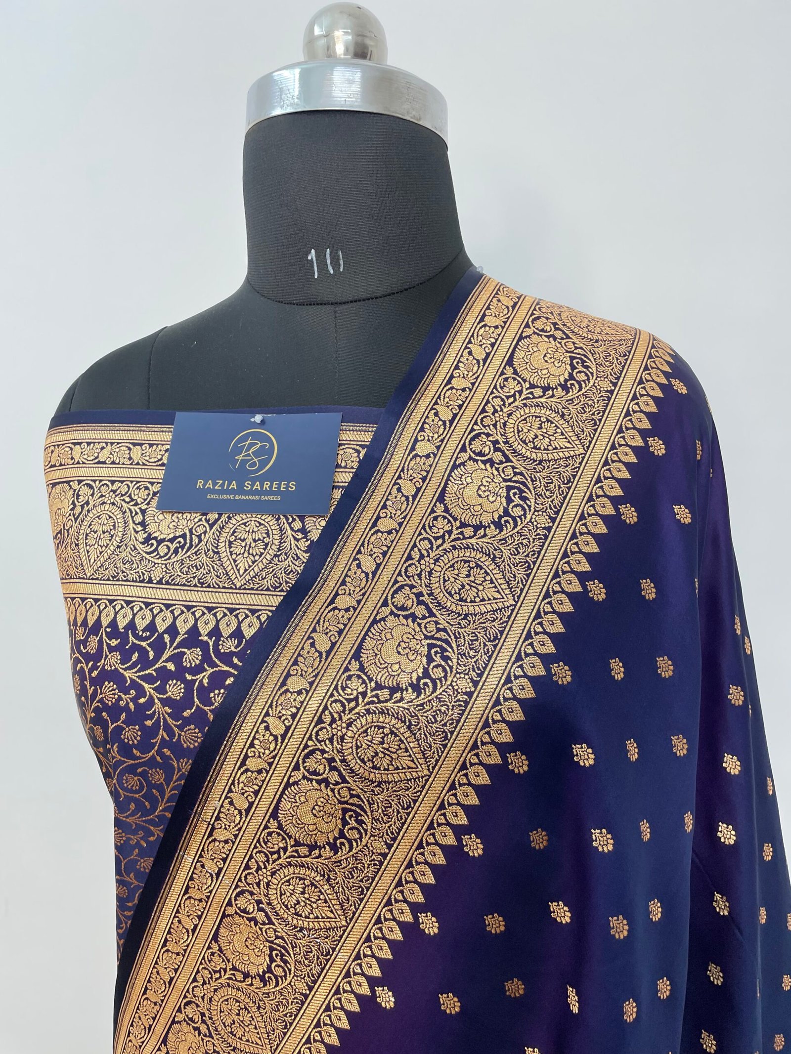 A9. Navy Blue Booti Satin Katan Silk Saree