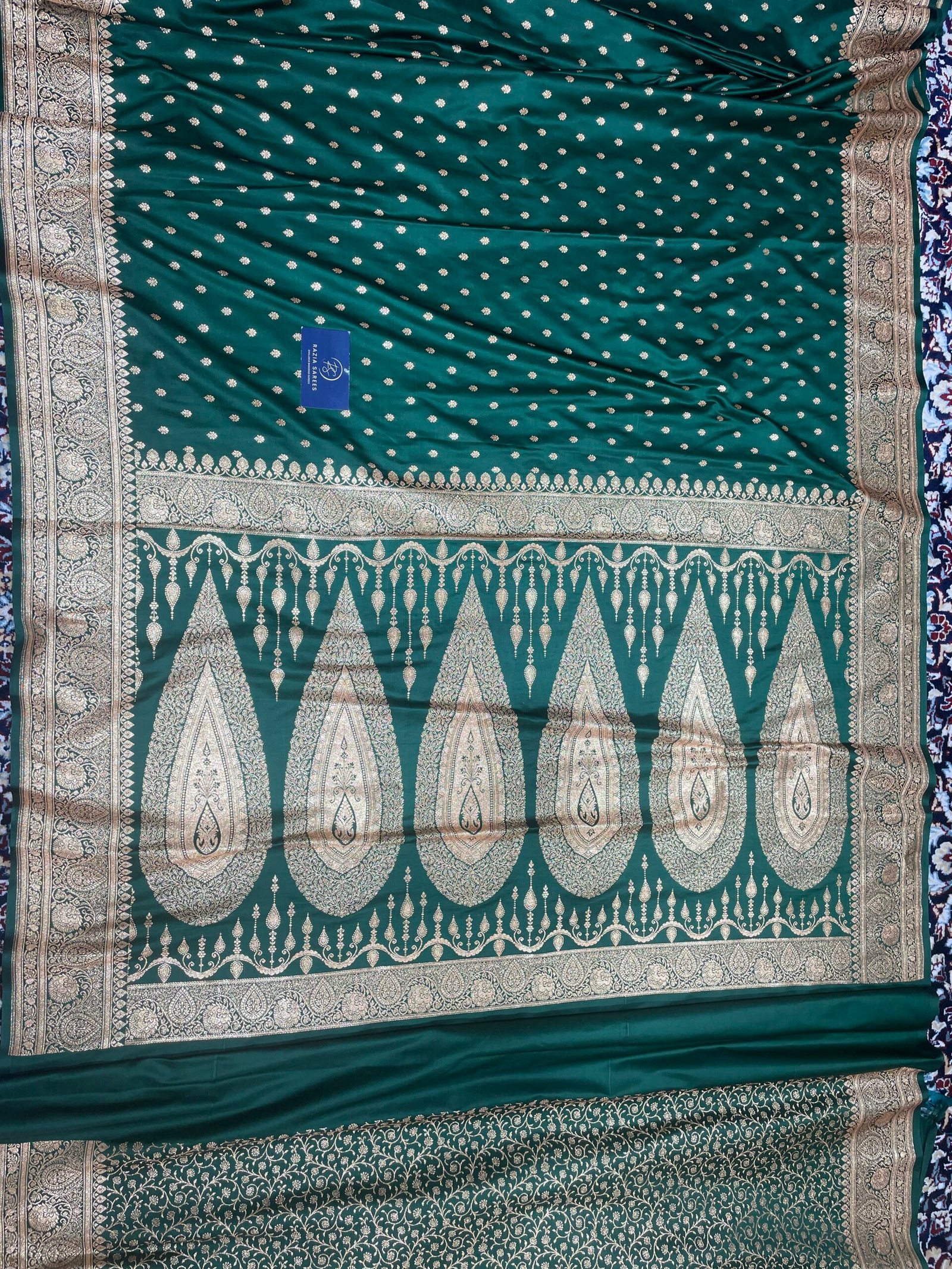 Dark Green Booti Satin Katan Silk Saree - Image 4