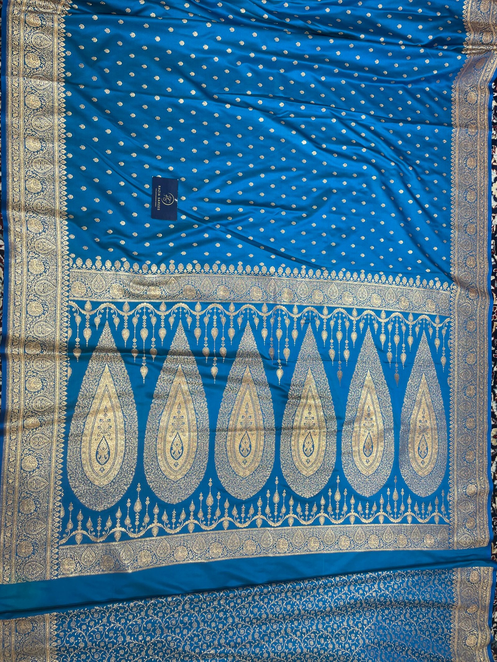 Firozi Peacock Booti Satin Katan Silk Saree - Image 4
