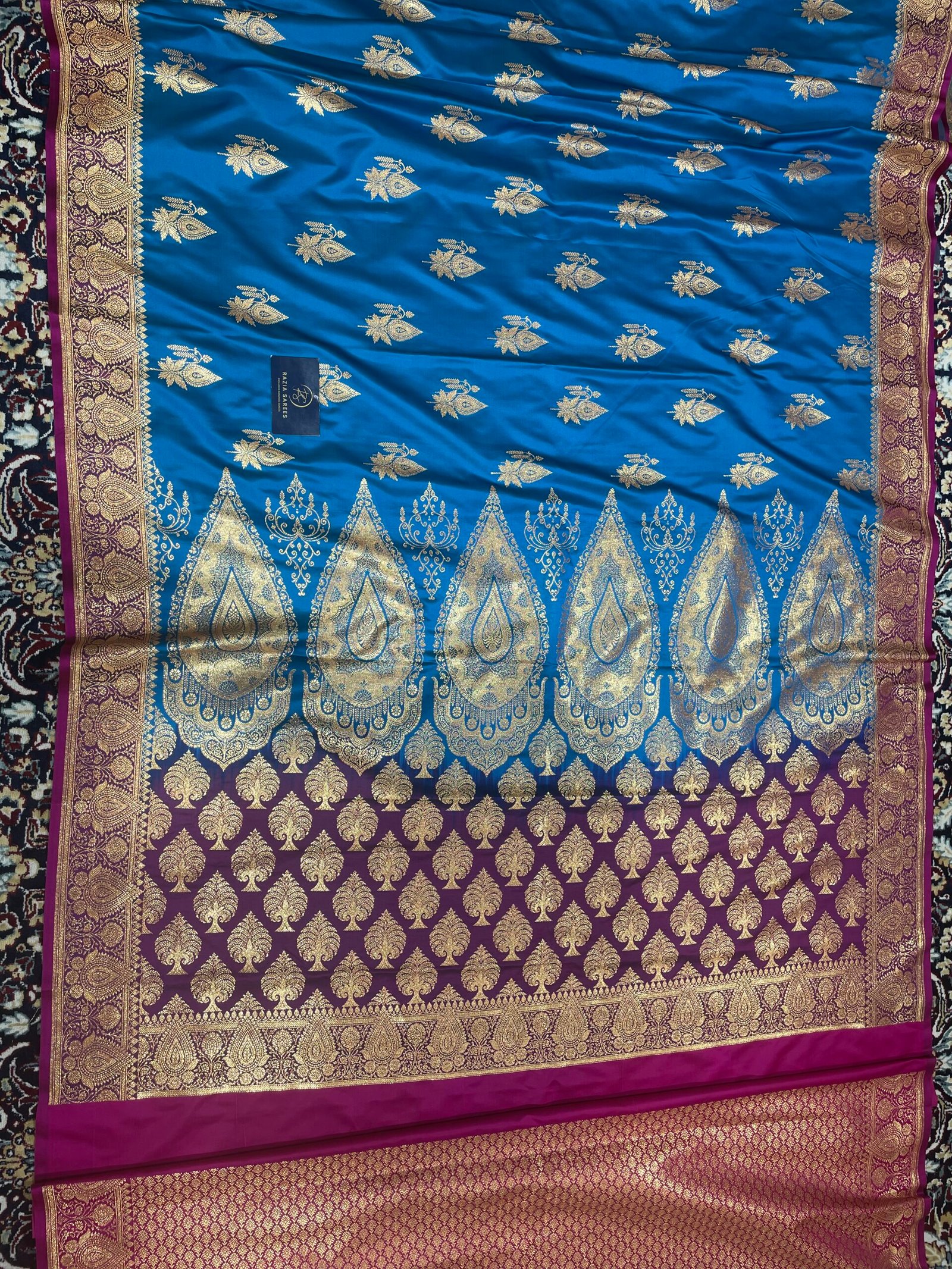 Firozi Peacock Contrast Boota Satin Katan Silk Saree - Image 4
