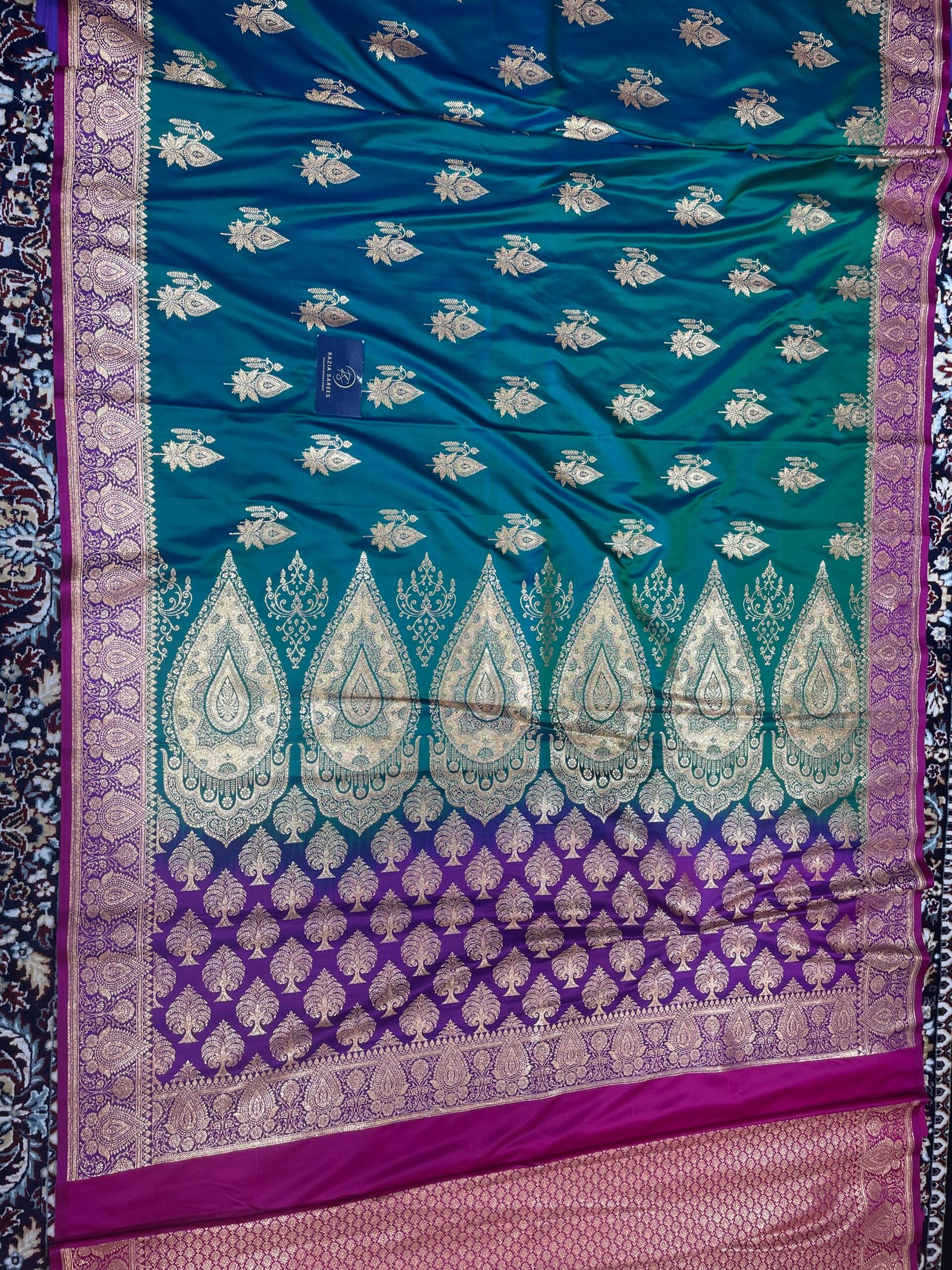 Ivory Green Contrast Boota Satin Katan Silk Saree - Image 4