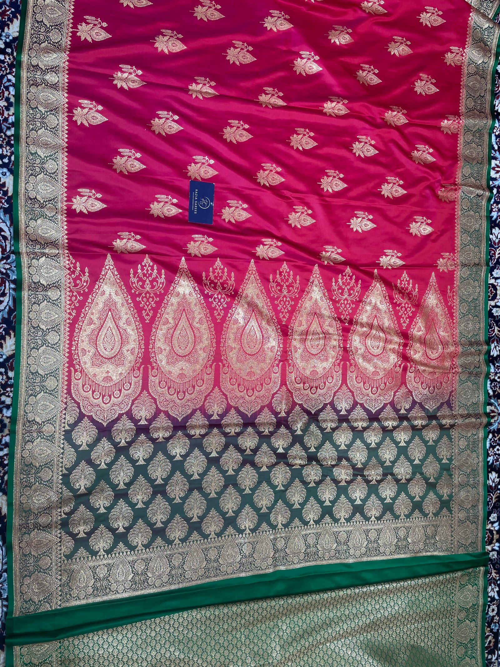 A7. Cherry Red Contrast Boota Satin Katan Silk Saree - Image 4