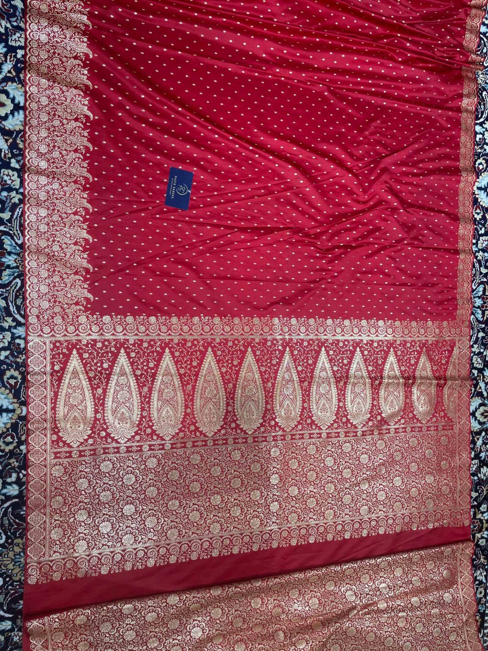 Red designer Booti Satin katan Silk Saree - Image 4