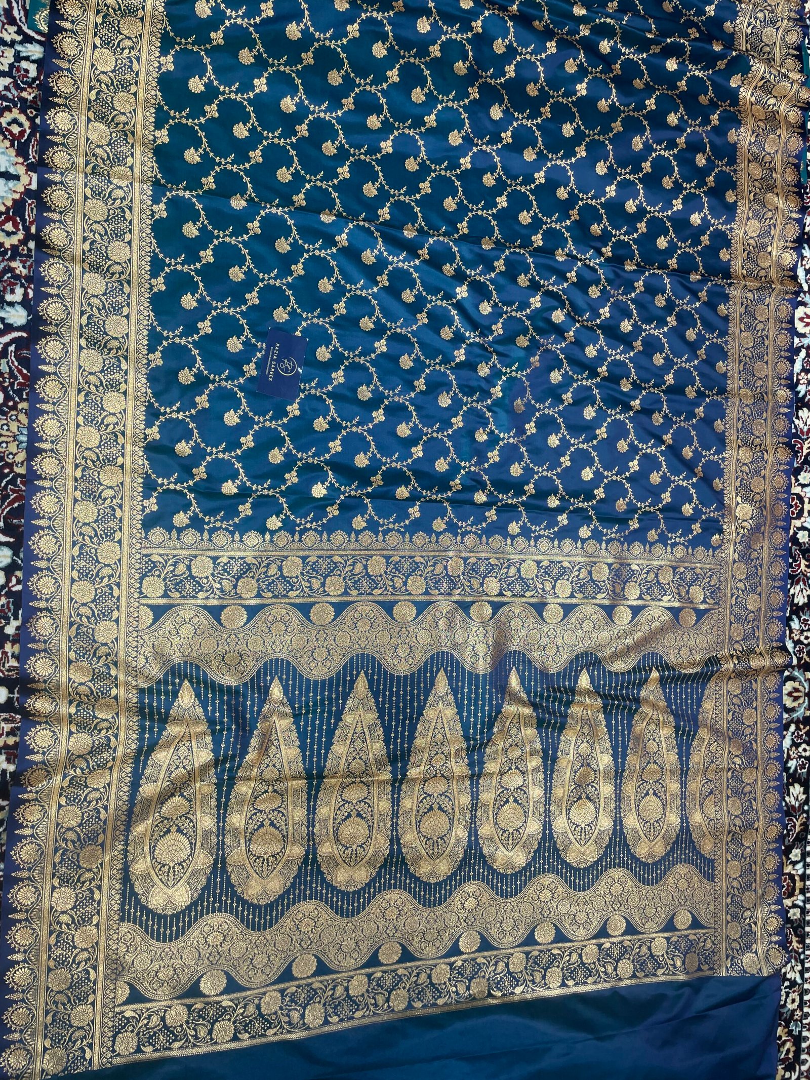 German Blue Designer Jaal Satin Katan Silk Saree - Image 4