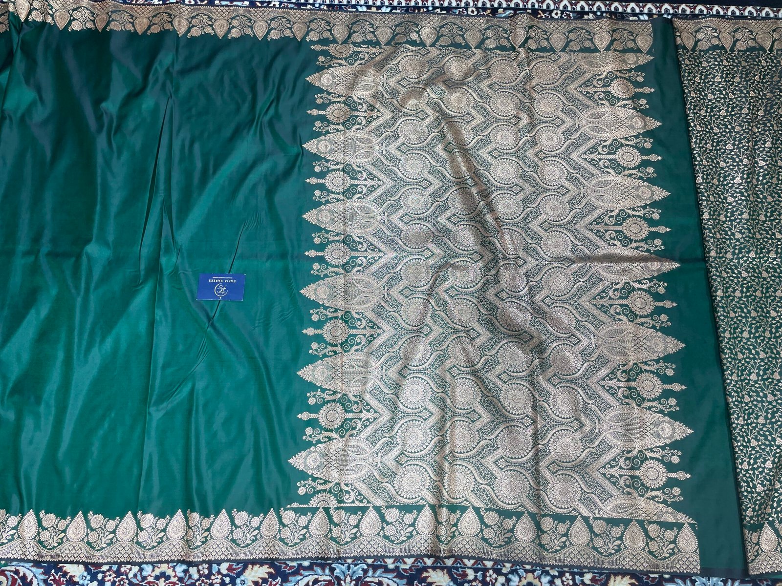 Dark Green Designer Plain Satin Katan Silk Saree - Image 4