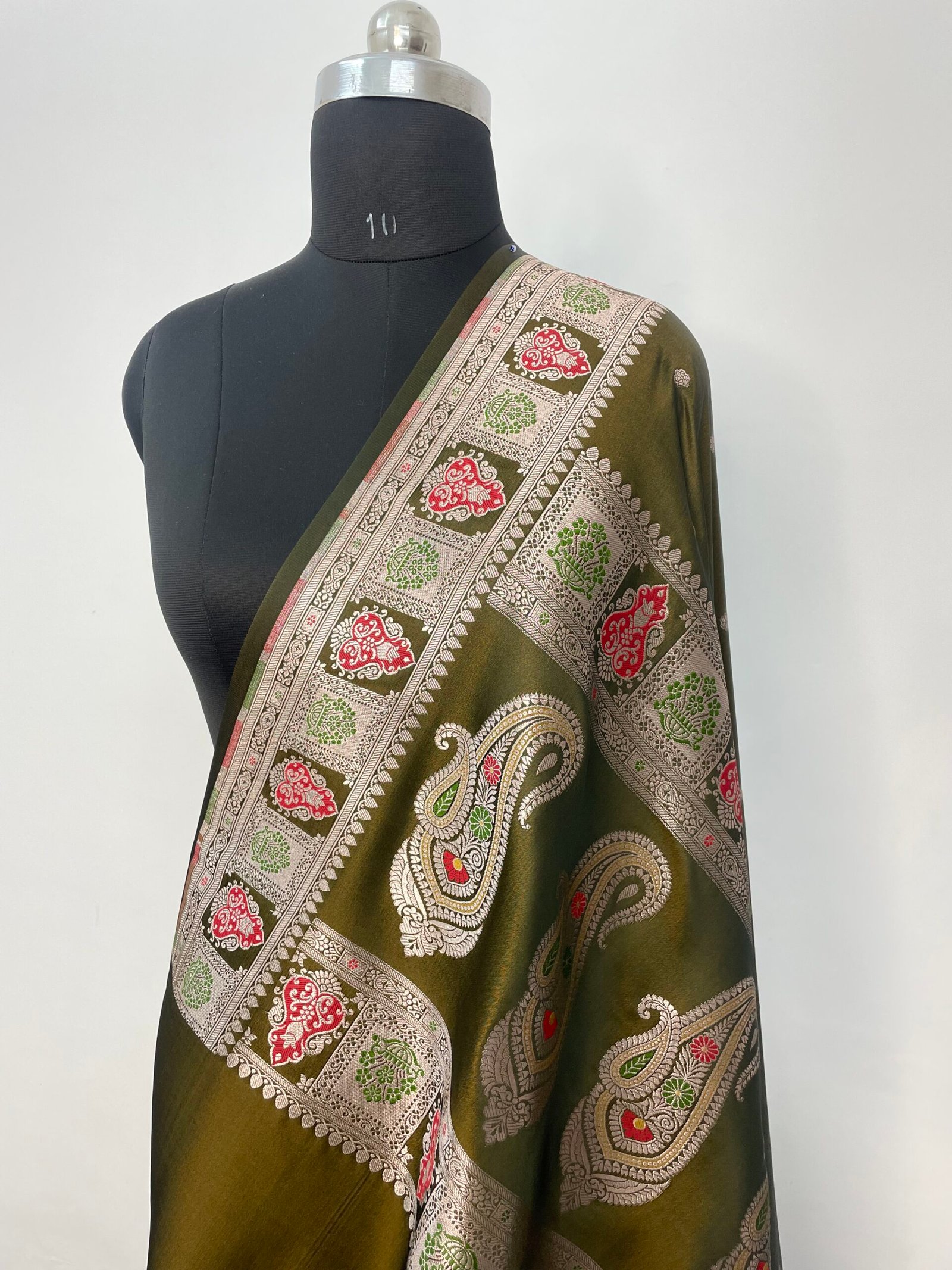 A. Pista Green Meenakari Booti Mashru Katan Silk Saree - Image 3