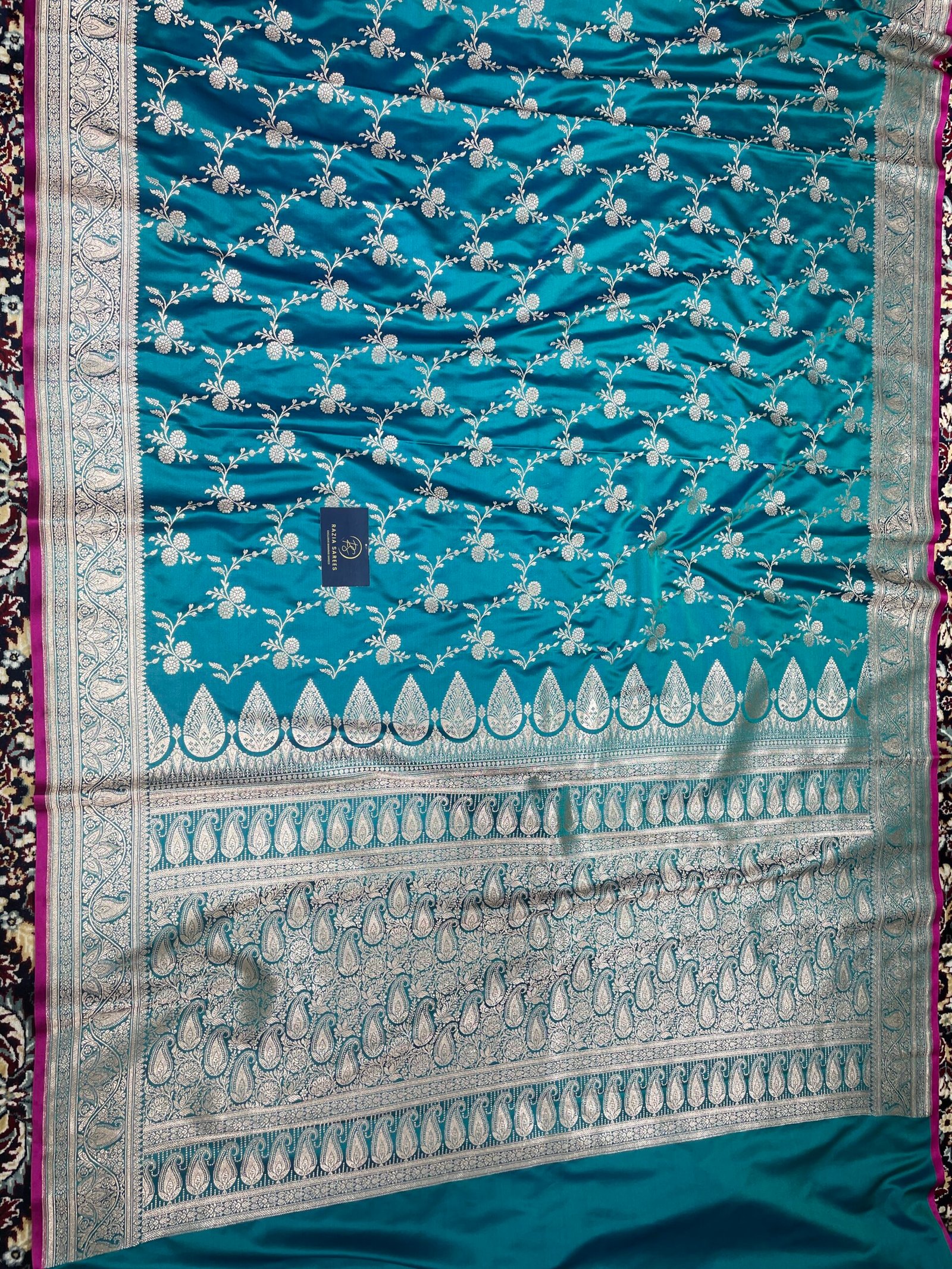 A. Ivory Sea Jaal Mashru Katan Silk Saree - Image 4