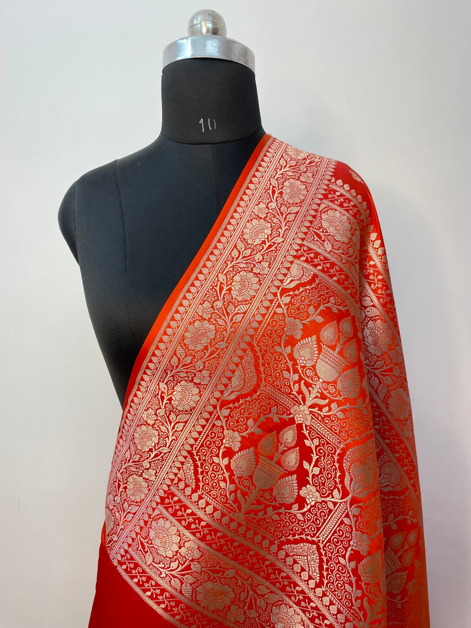 Metallic Orange Designer Booti Mashru Katan Silk Saree - Image 3