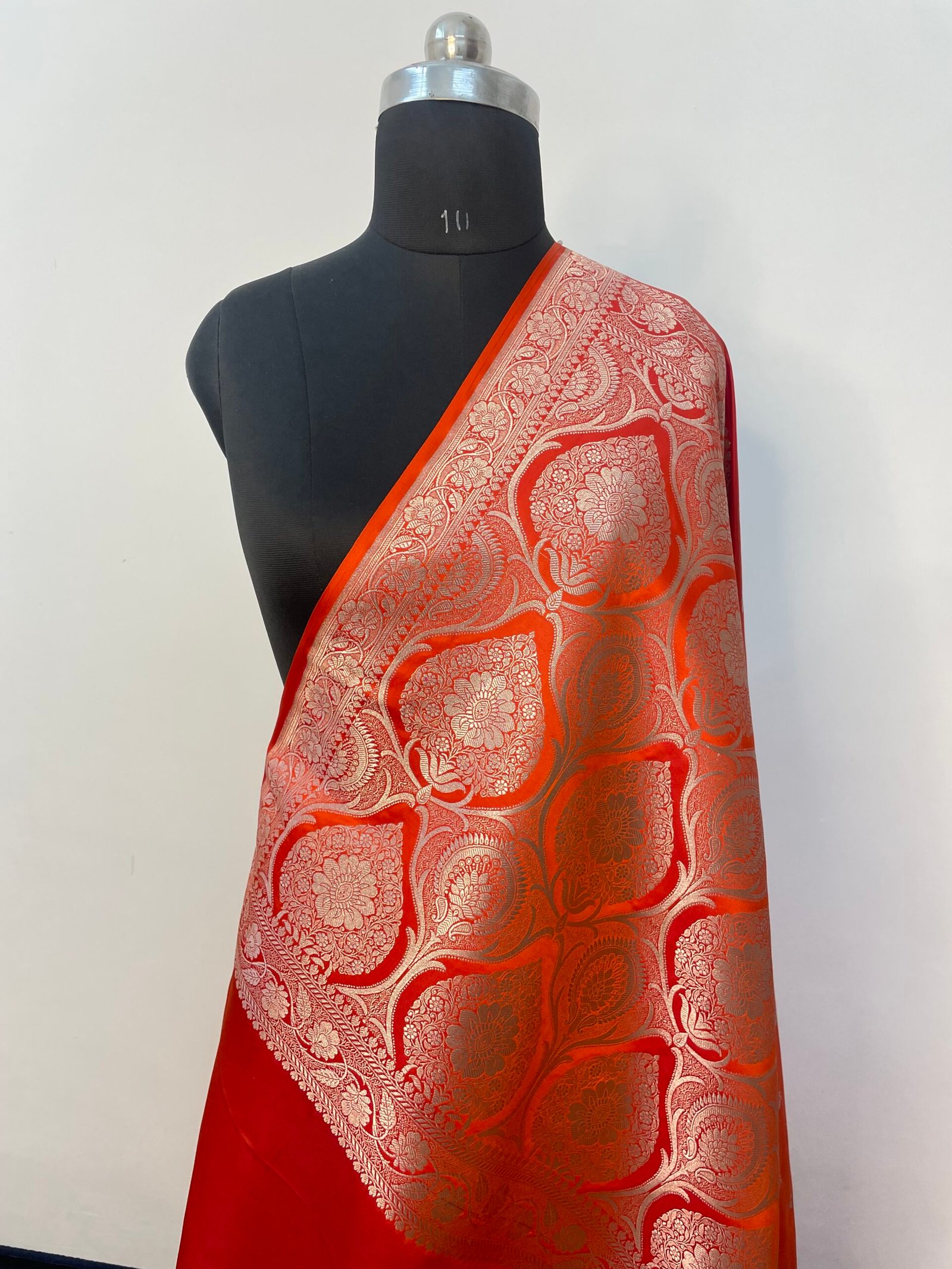 Metallic Orange Designer Booti Mashru Katan Silk Saree - Image 3