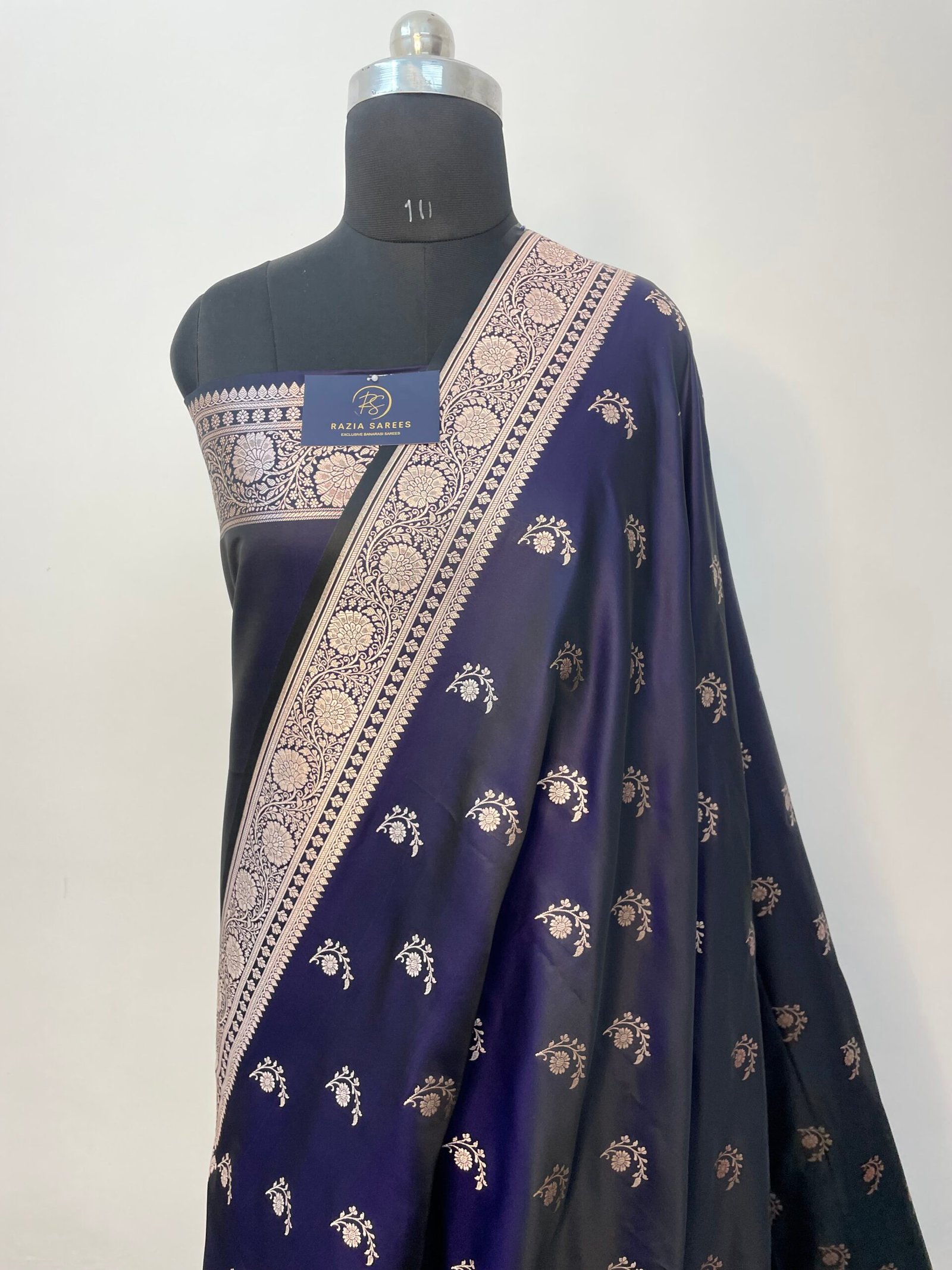 Navy Blue Designer Boota Mashru Katan Silk Saree - Image 2