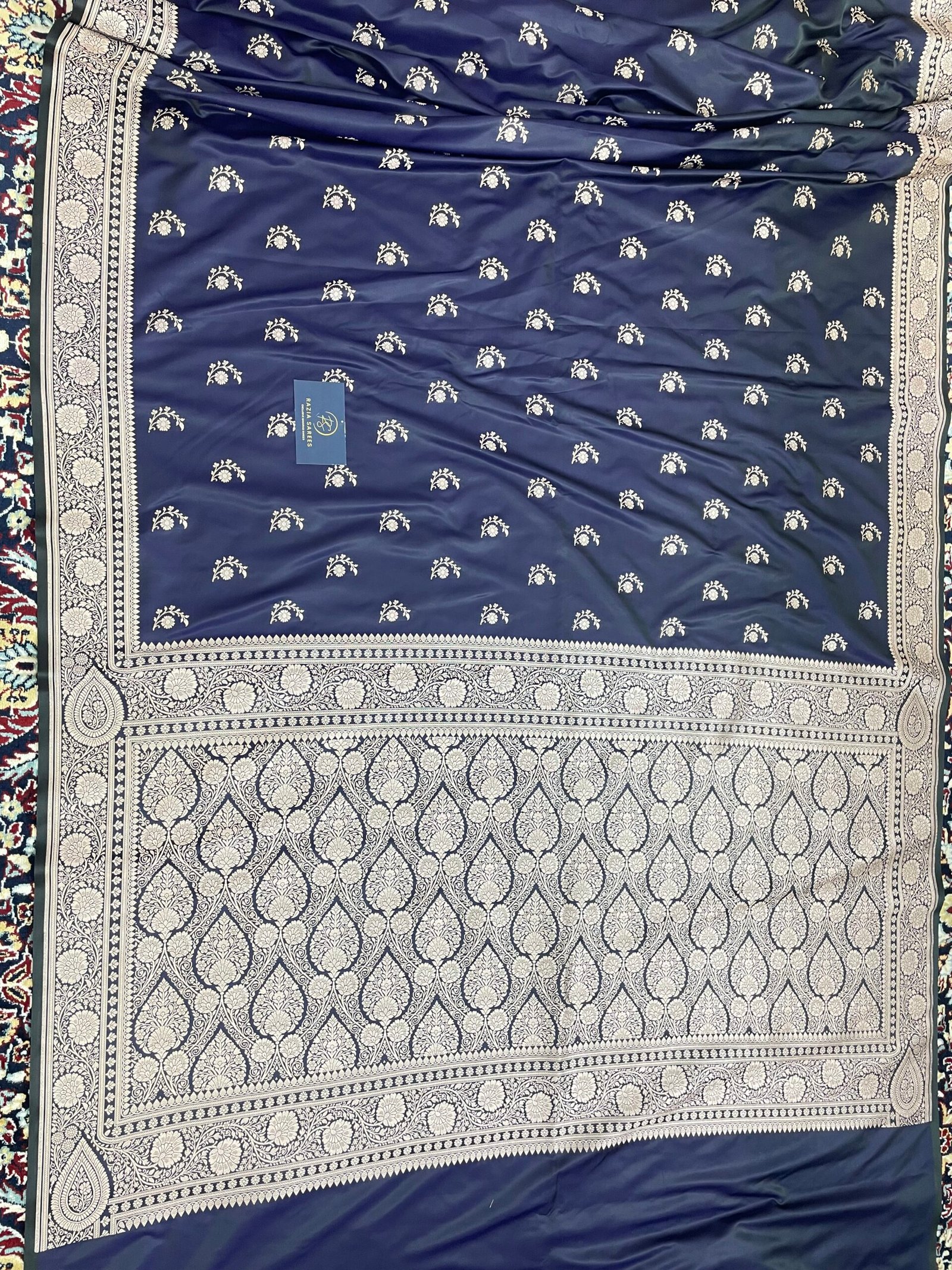 Navy Blue Designer Boota Mashru Katan Silk Saree - Image 4