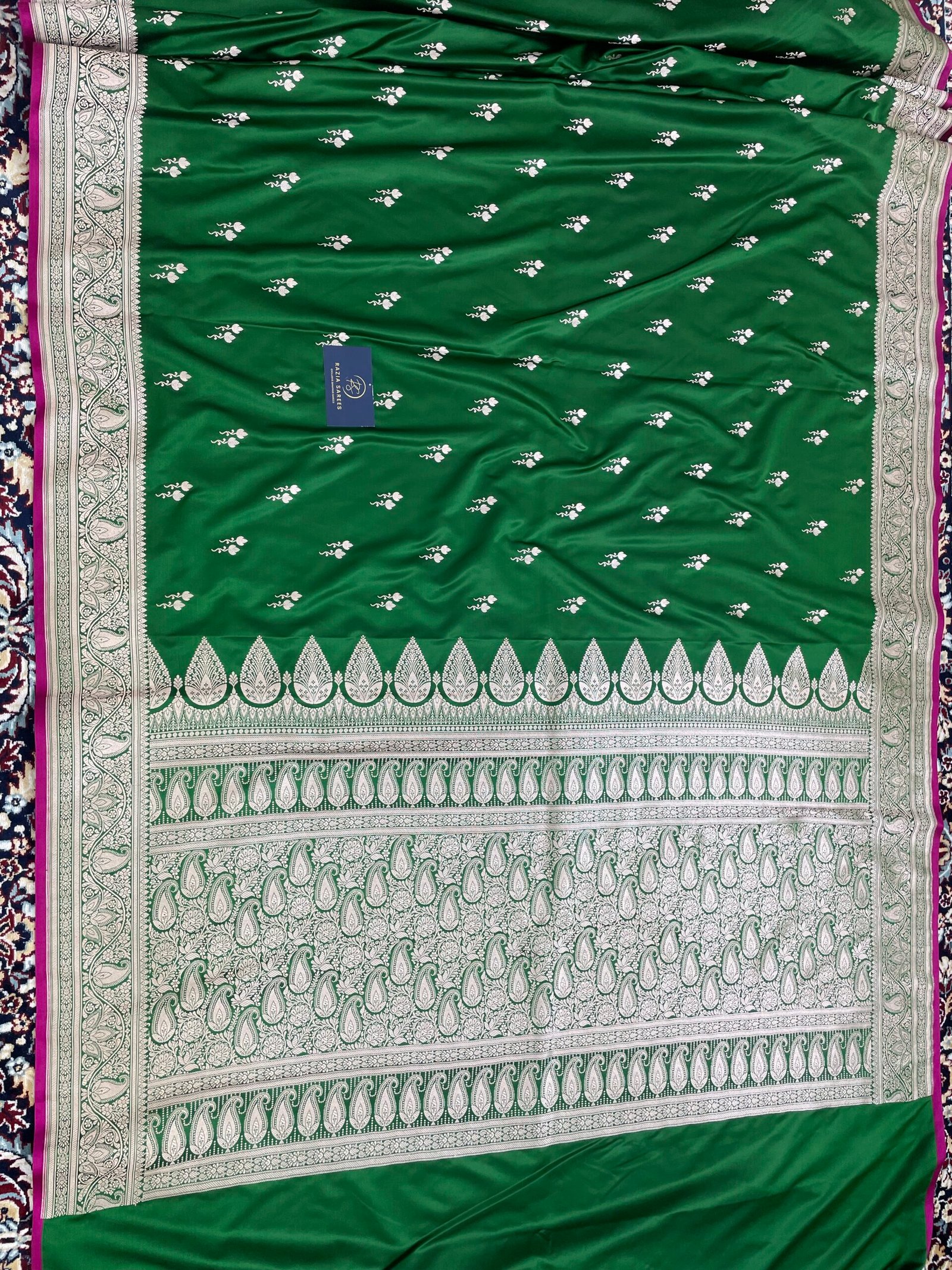 Dark Green Designer Boota Mashru Katan Silk Saree - Image 4