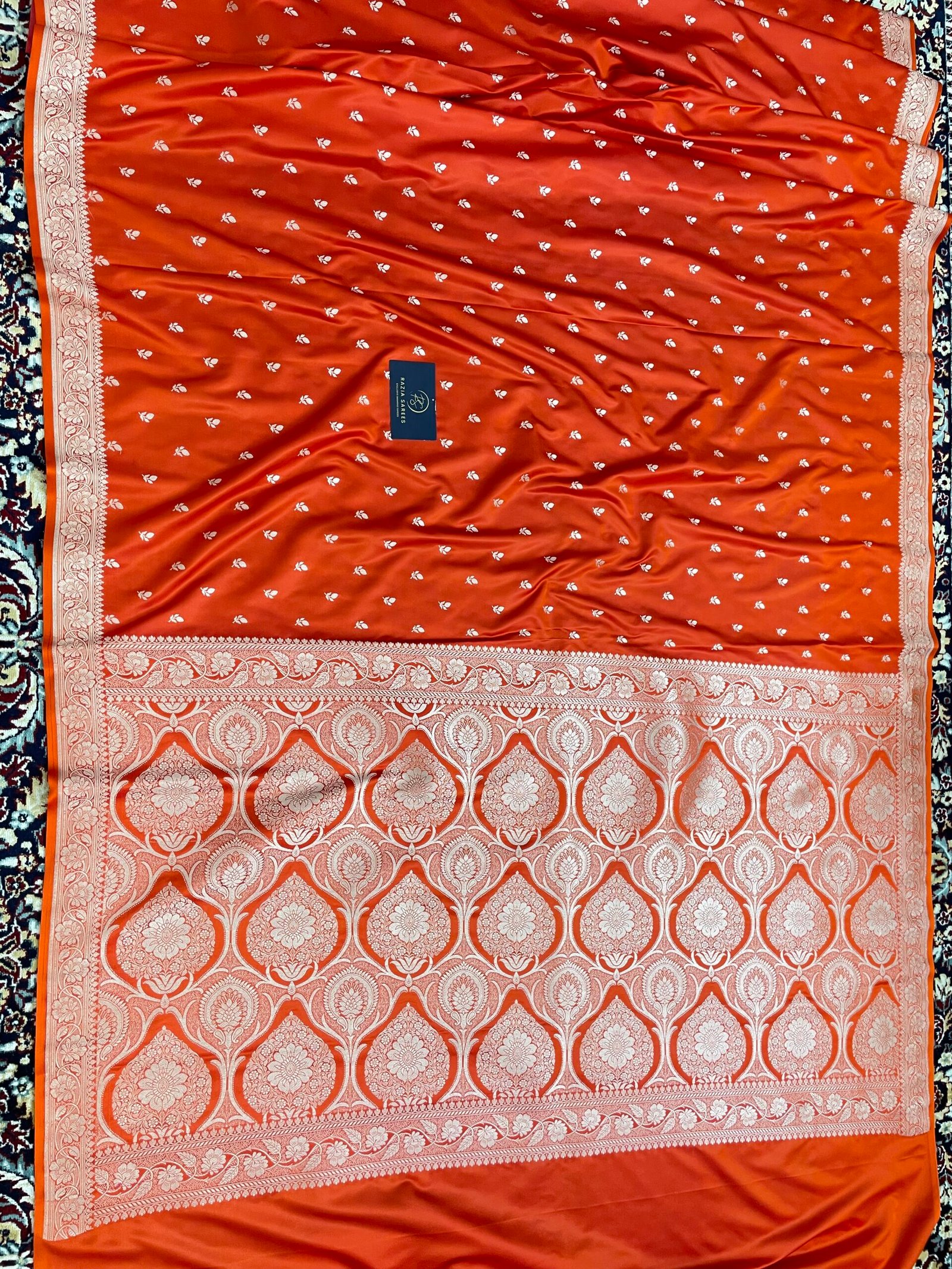 Metallic Orange Designer Booti Mashru Katan Silk Saree - Image 4