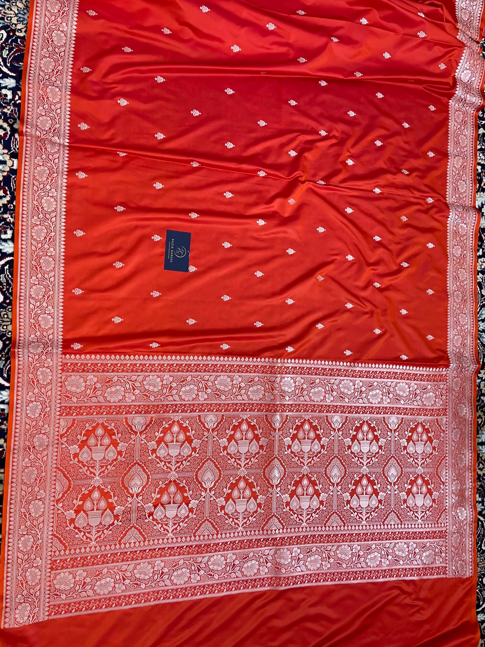Metallic Orange Designer Booti Mashru Katan Silk Saree - Image 4