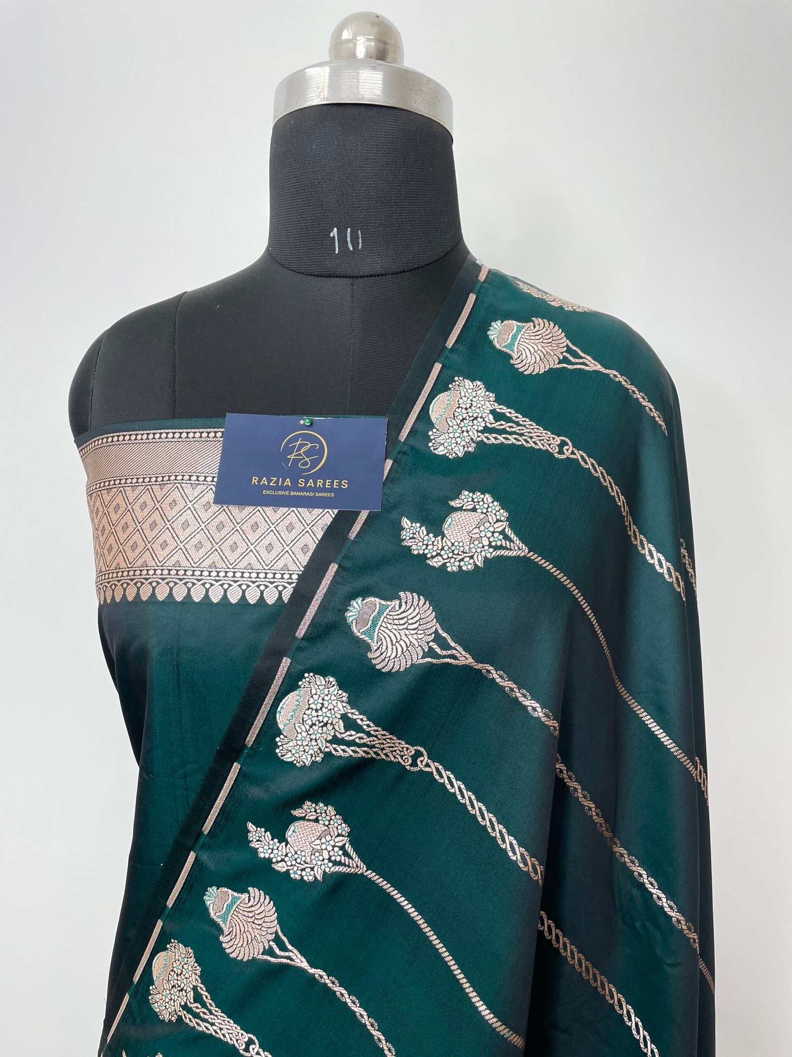 Ivory Bottle Green Designer Strip Gamla Mashru Katan Silk Saree