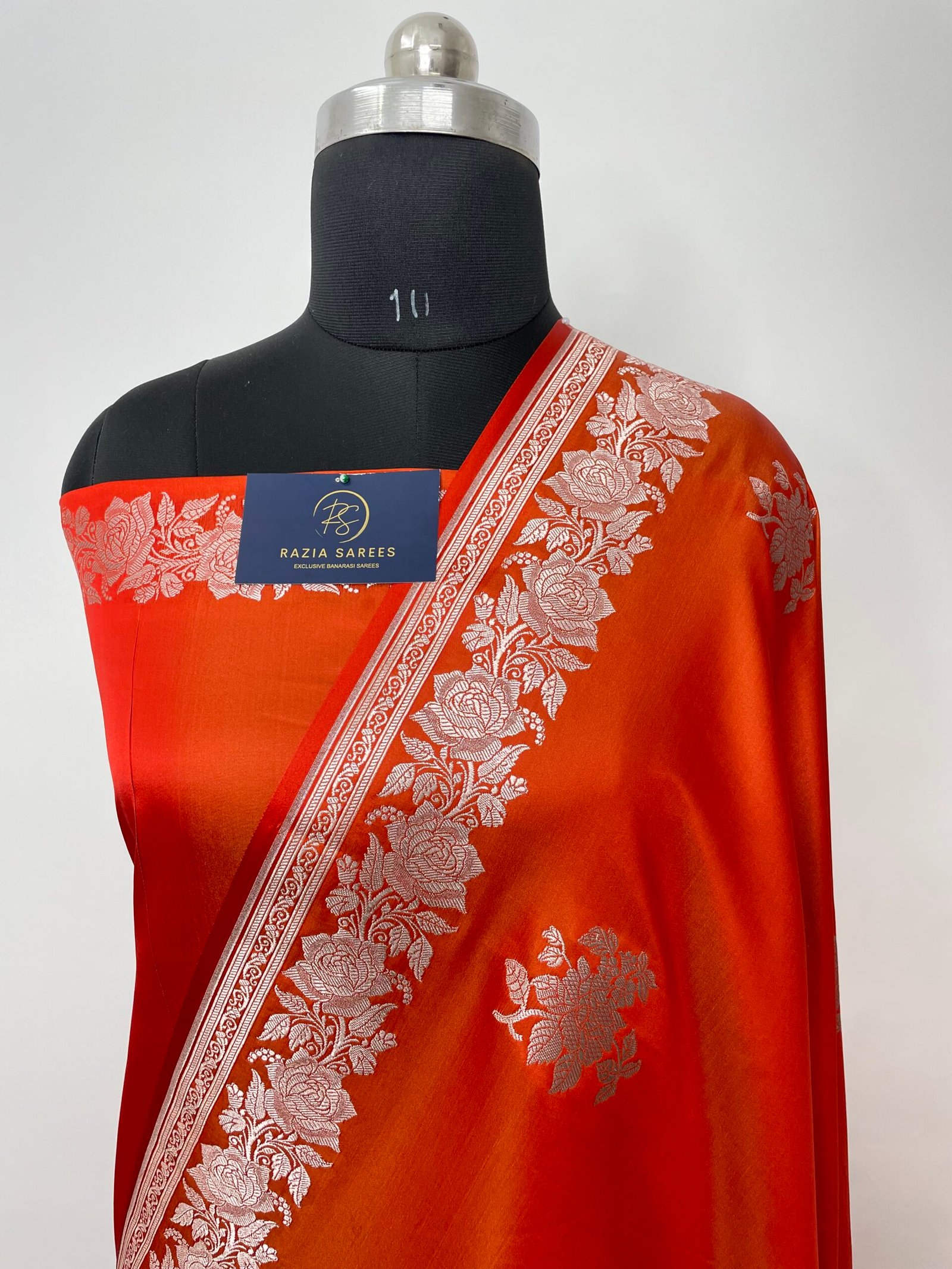 Ivory Metallic Orange Designer Boota Mashru Katan Silk Saree