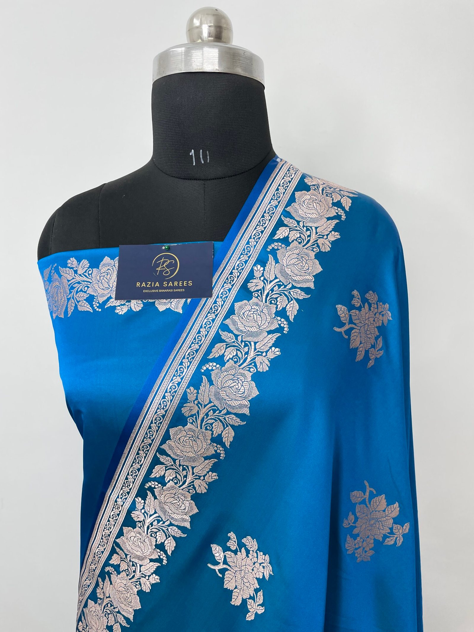 Ivory Peacock Blue Designer Boota Mashru Katan Silk Saree