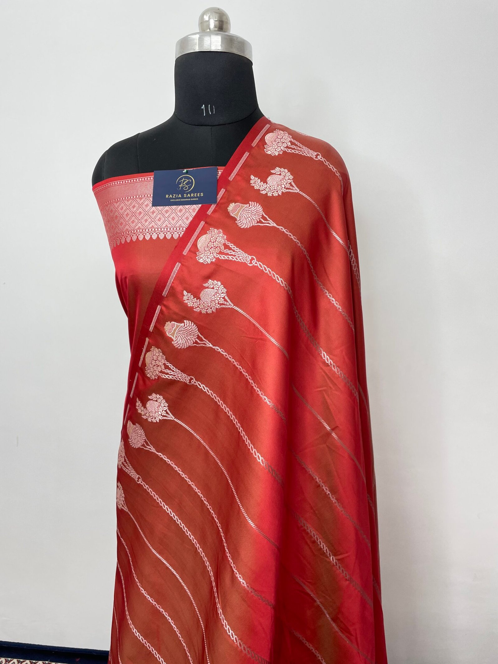 Metallic Rust Designer Strip Gamla Mashru Katan Silk Saree - Image 2