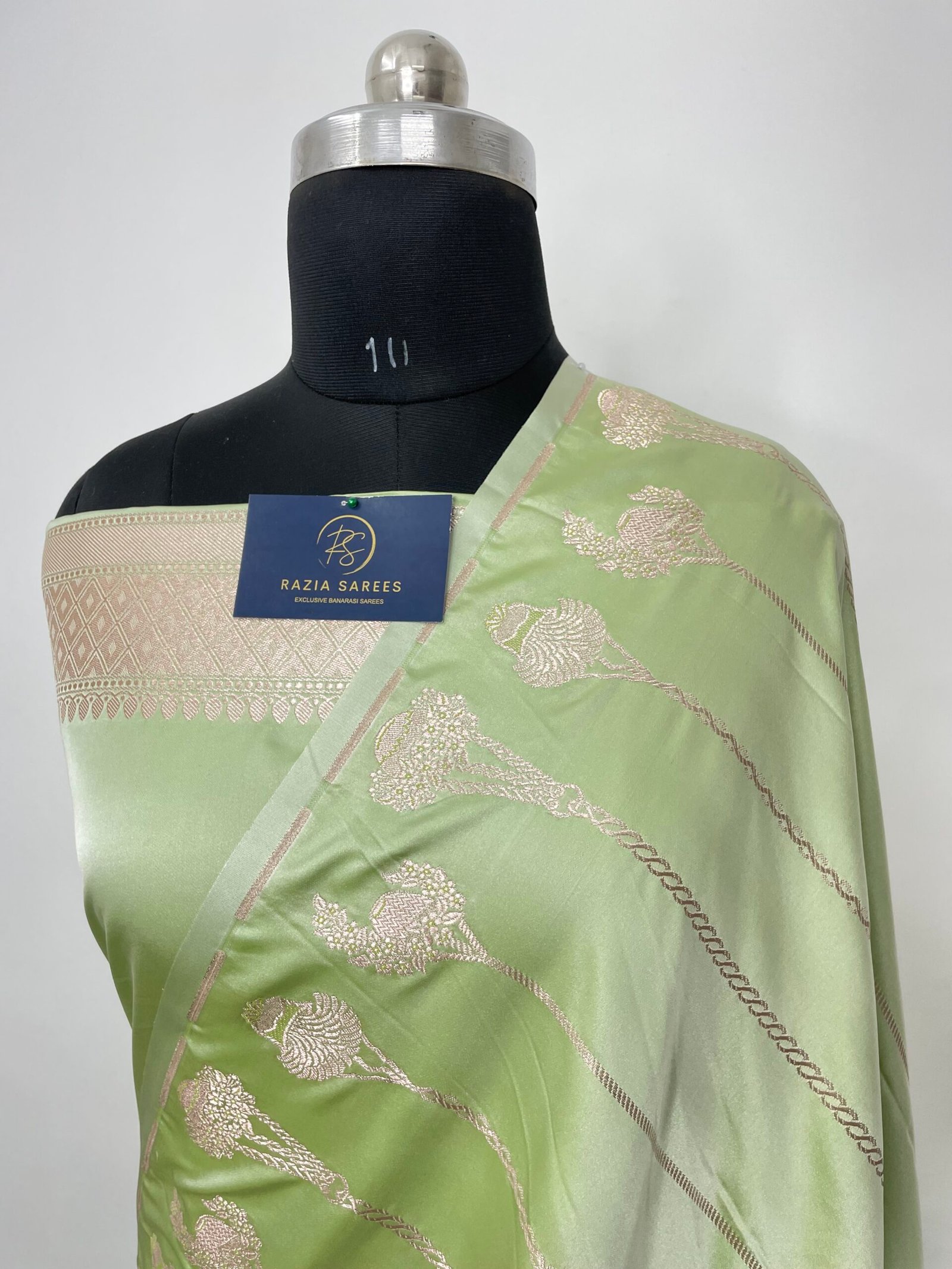 Ivory Pista Designer Strip Gamla Mashru Katan Silk Saree