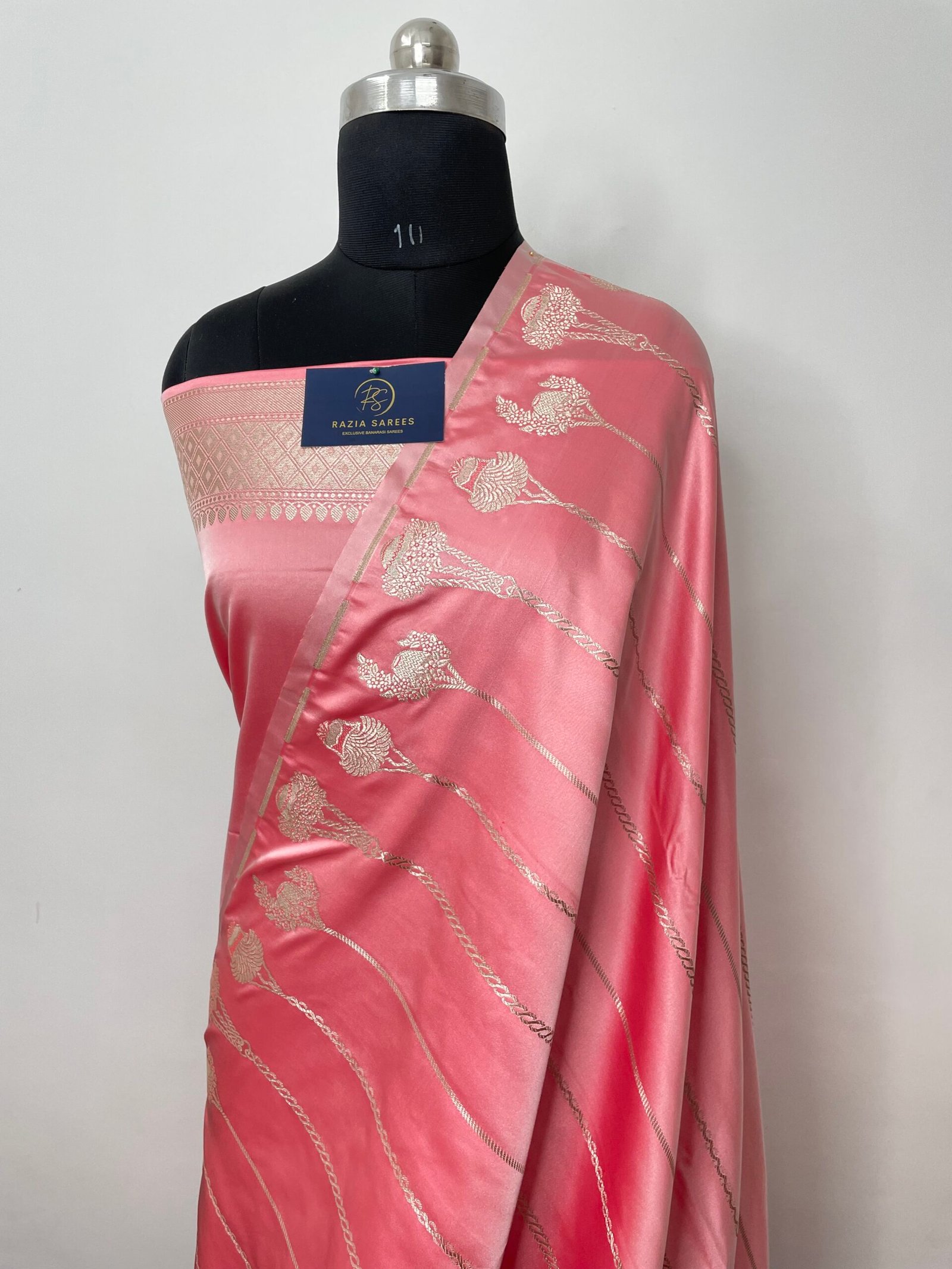 Ivory Peach Designer Strip Gamla Mashru Katan Silk Saree - Image 2