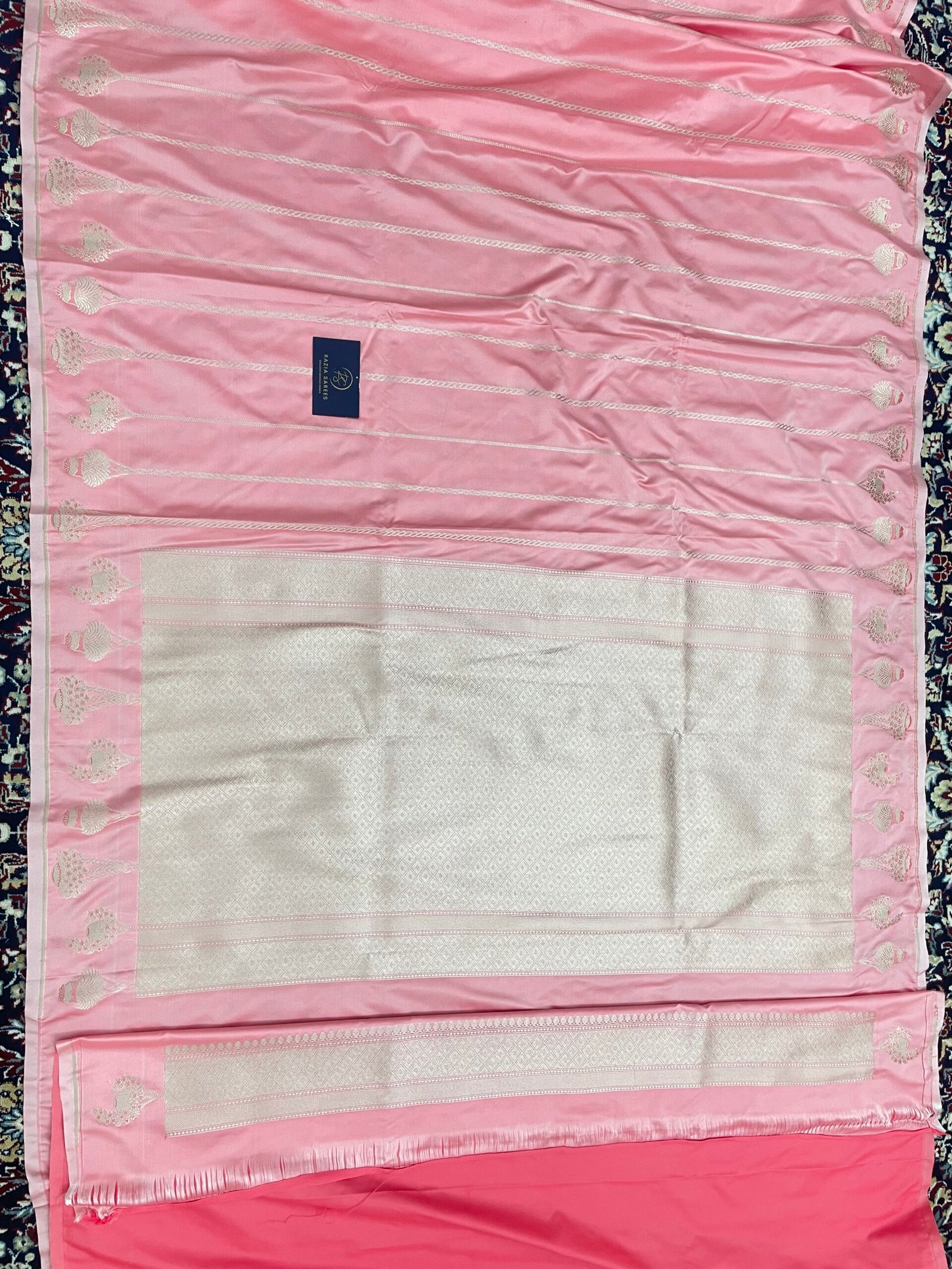Ivory Peach Designer Strip Gamla Mashru Katan Silk Saree - Image 4
