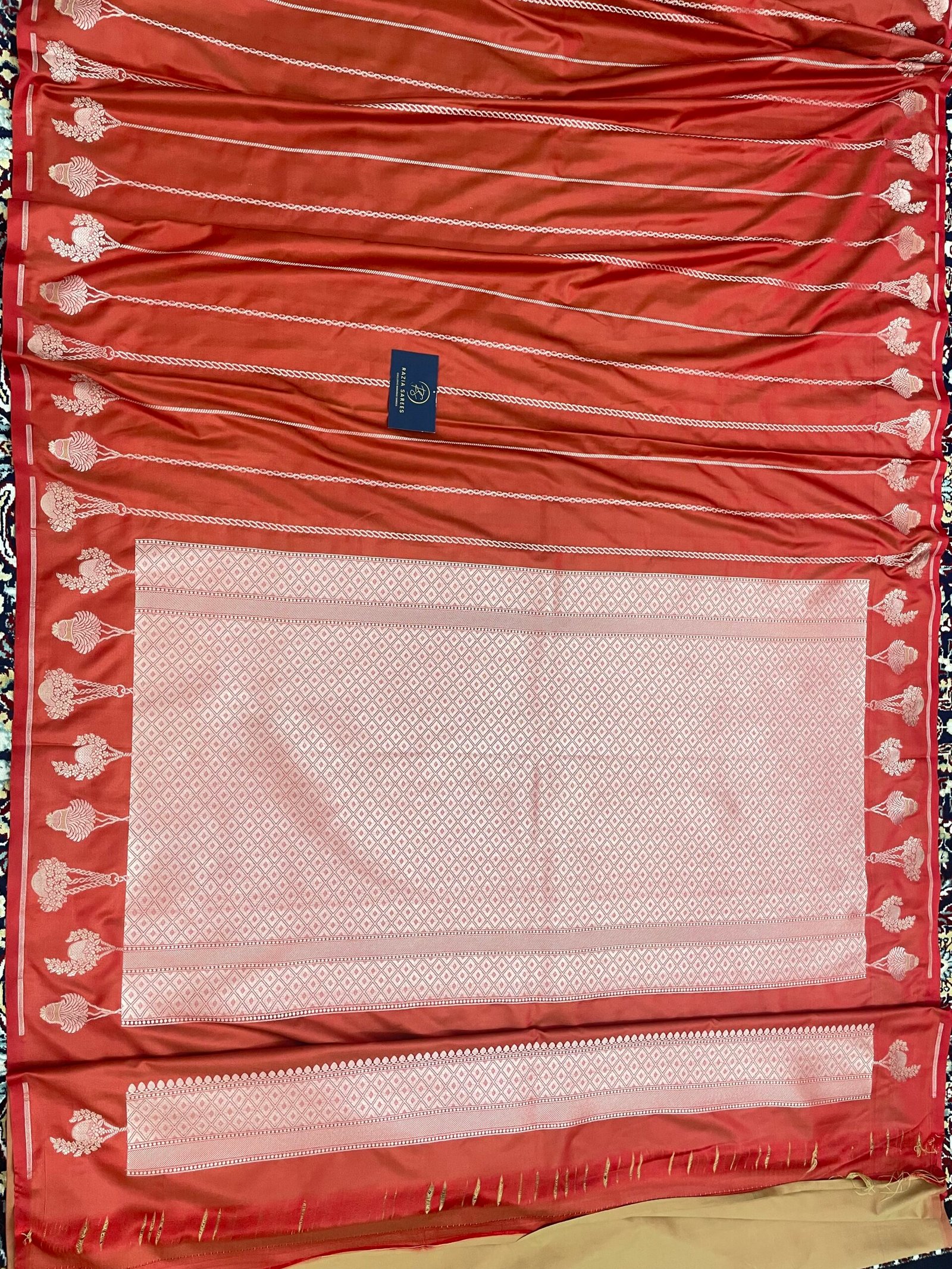 Metallic Rust Designer Strip Gamla Mashru Katan Silk Saree - Image 4