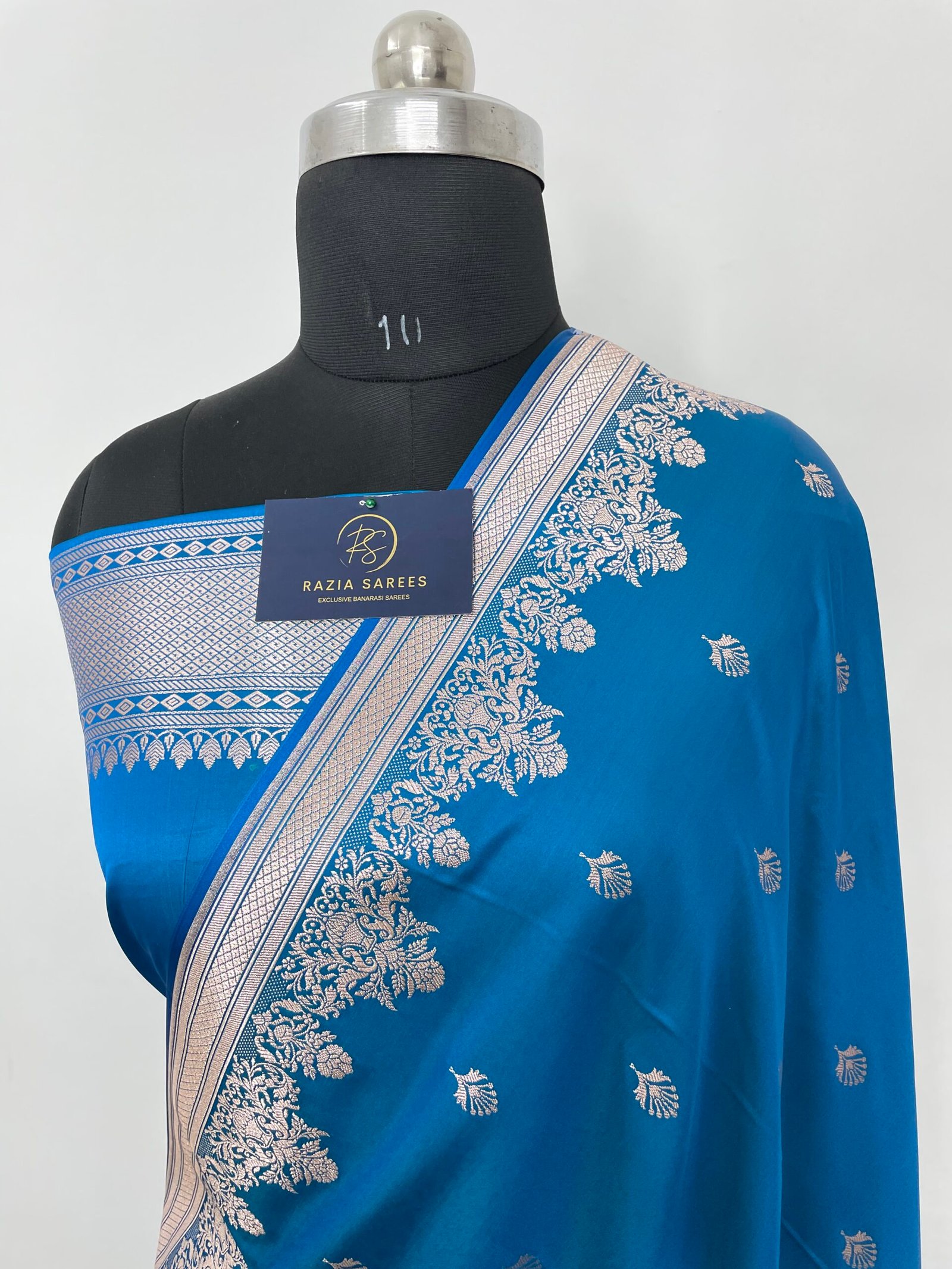 Ivory Firozy Designer Booti Mashru Katan Silk Saree